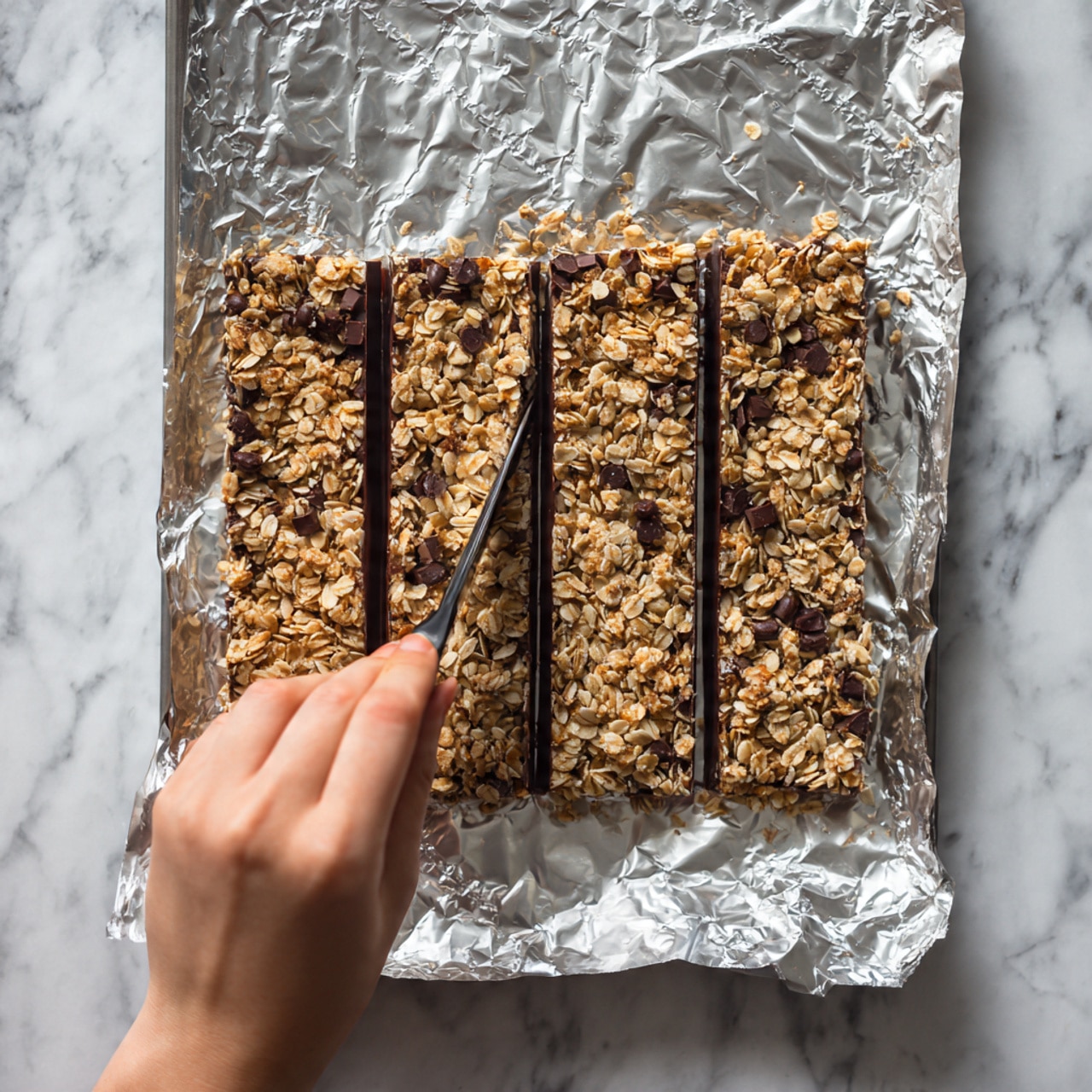 A close-up image shows a rectangular sheet of oatmeal granola mixed with small dark chocolate chips, lying on crumpled silver foil. The granola has a textured, crunchy look with light brown and golden oat clusters evenly spread. A woman's hand is using a knife to slice three long, narrow bars from the left side of the granola sheet, while the right side remains uncut, showing a dense, even surface of oats and chocolate chips. The background is a white marbled surface. photo taken with an iphone --ar 4:5 --v 7