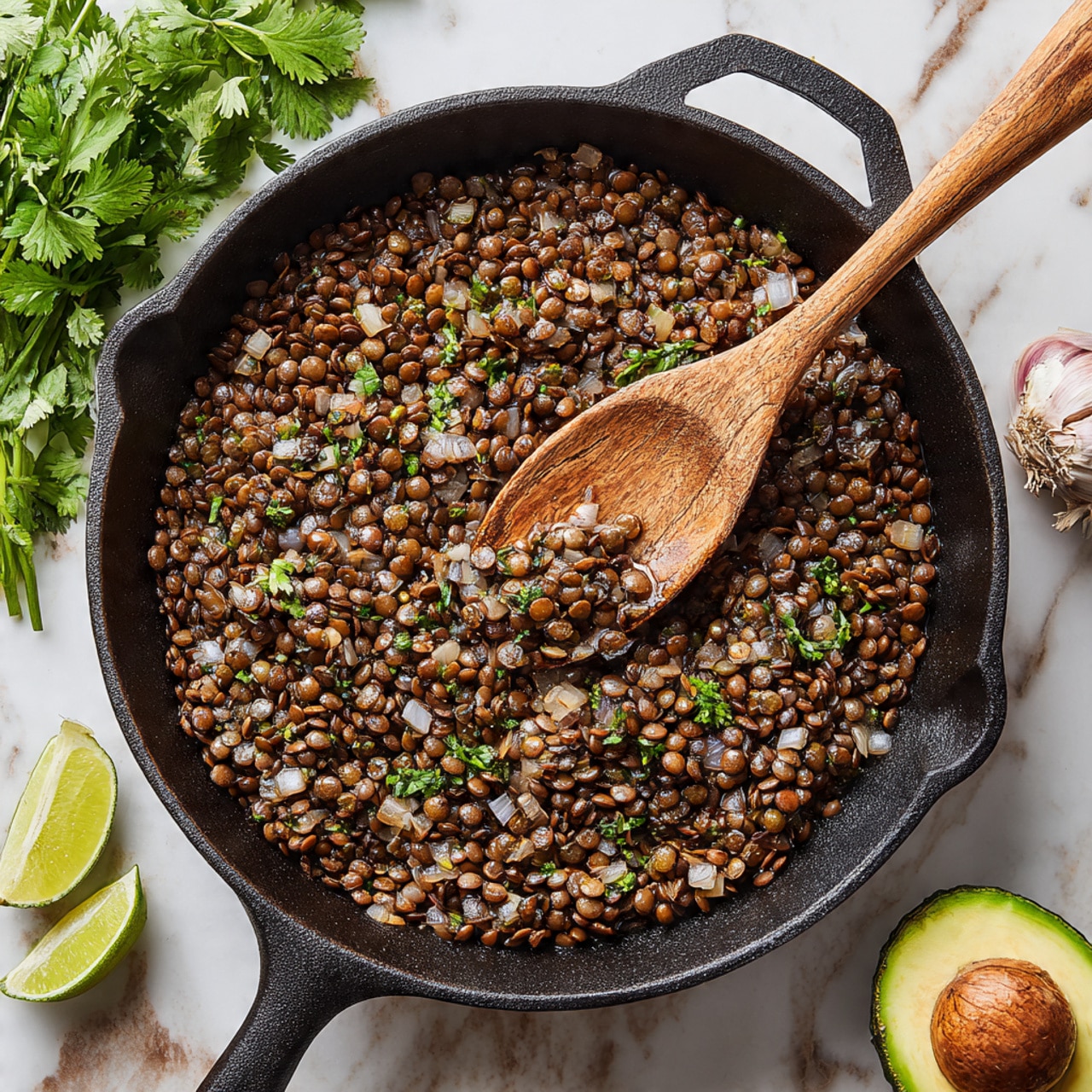 A close-up view of a black cast iron pan filled with cooked brown lentils mixed with small pieces of onion. A wooden spatula rests on top of the lentils, showing the texture of the cooked lentils with soft and slightly shiny brown tones. The pan is placed on a white marbled textured surface with a bunch of green cilantro leaves on the left, half of a green avocado with the pit on the upper right, and a whole garlic bulb on the lower right. Photo taken with an iphone --ar 4:5 --v 7