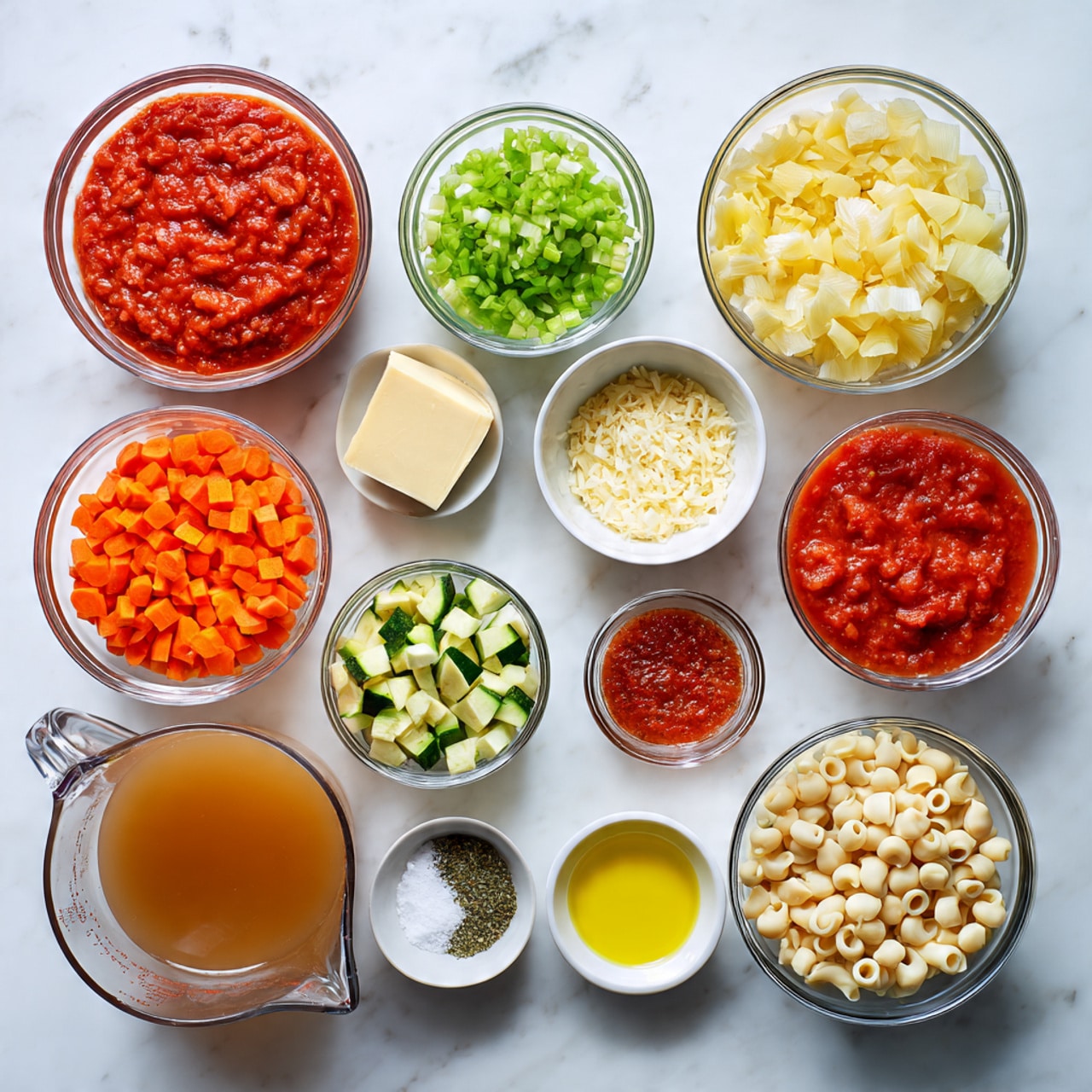 The image shows many clear glass bowls and a clear glass measuring cup placed on a white marbled surface. Starting from the top left, there is a large bowl filled with chunky red tomato sauce. Next to it, a bowl with bright green chopped celery, a small bowl with light yellow grated cheese, and a bowl with pale yellow diced potatoes. Below these, there is a bowl with orange chopped carrots and a few small bowls with white salt and black pepper. On the bottom left, a large clear measuring cup contains light brown broth. Nearby are bowls with white chopped onions, pale green diced zucchini, red tomato paste, a small square of butter, some green dried herbs, and a small bowl with yellow olive oil. Finally, towards the bottom right, there is a bowl of white beans and another bowl with uncooked small pasta shells. The ingredients are neatly arranged in a grid-like pattern. Photo taken with an iphone --ar 4:5 --v 7