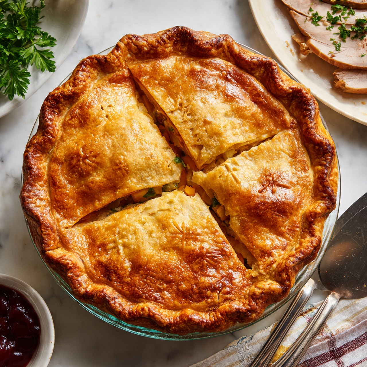 A golden brown slice of chicken pot pie sits on a white round plate, showing three visible layers: a crispy, flaky top crust with small green herb sprinkles; a thick middle layer of creamy, mixed vegetables including orange carrots, yellow corn, and green peas; and a bottom crust that is lightly browned. A silver fork held by a woman's hand is breaking into the slice, ready to take a bite. To the left, a glass pie dish holds the rest of the pie with the top crust browned and a piece missing. Below the pie dish, a white plate holds several thick slices of cooked chicken with brown seasoning on top. To the right of the pot pie slice is a small clear bowl filled with red cranberry sauce, glossy and textured. The whole scene is set on a white marbled surface, with a blue and white striped cloth partially visible on the right edge of the image. Photo taken with an iphone --ar 4:5 --v 7