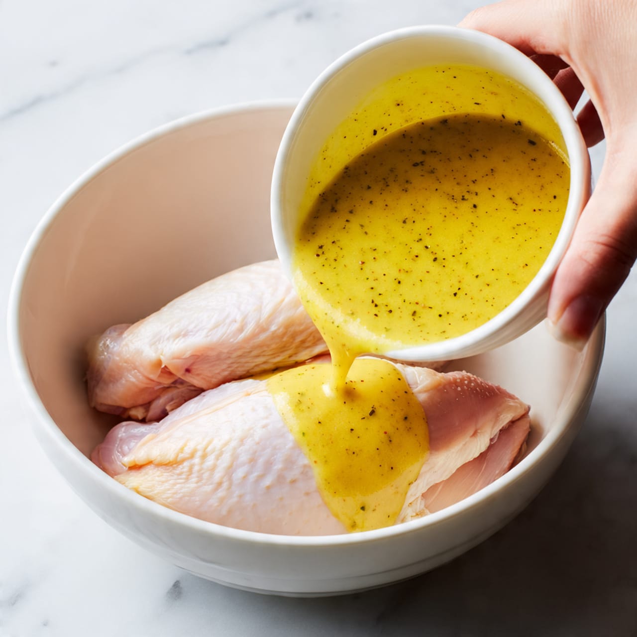 A close-up view of two raw chicken pieces with pale pink and light skin texture resting in a white bowl. A woman's hand pours a thick yellow sauce with small dark flecks from a small white bowl over the chicken. The sauce flows smoothly, covering part of the chicken skin. The background has a white marbled texture. photo taken with an iphone --ar 4:5 --v 7