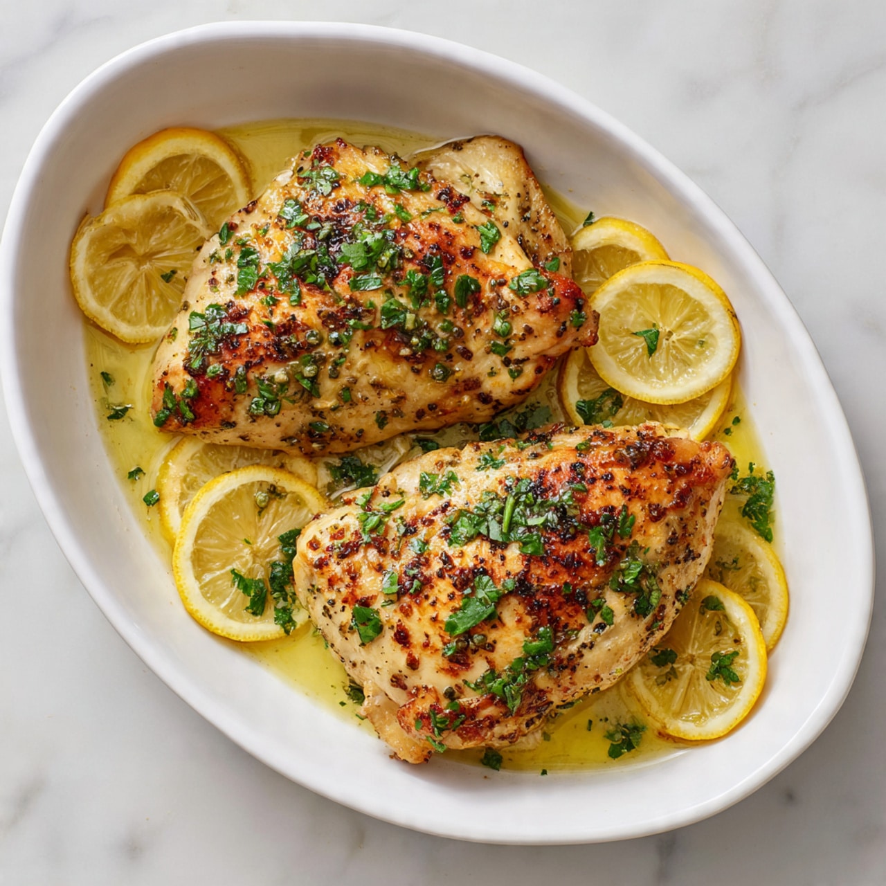 Two large cooked chicken pieces with a golden brown and slightly crispy surface rest in a white oval baking dish filled with a yellow lemon sauce. Small green herb pieces are sprinkled over the chicken and sauce, adding color. Three lemon slices, one tucked under chicken on the left, one in the center, and one on the right near the edge, enhance the look. Outside the dish, two lemon halves with bright yellow flesh sit on the white marbled surface. The photo taken with an iphone --ar 4:5 --v 7