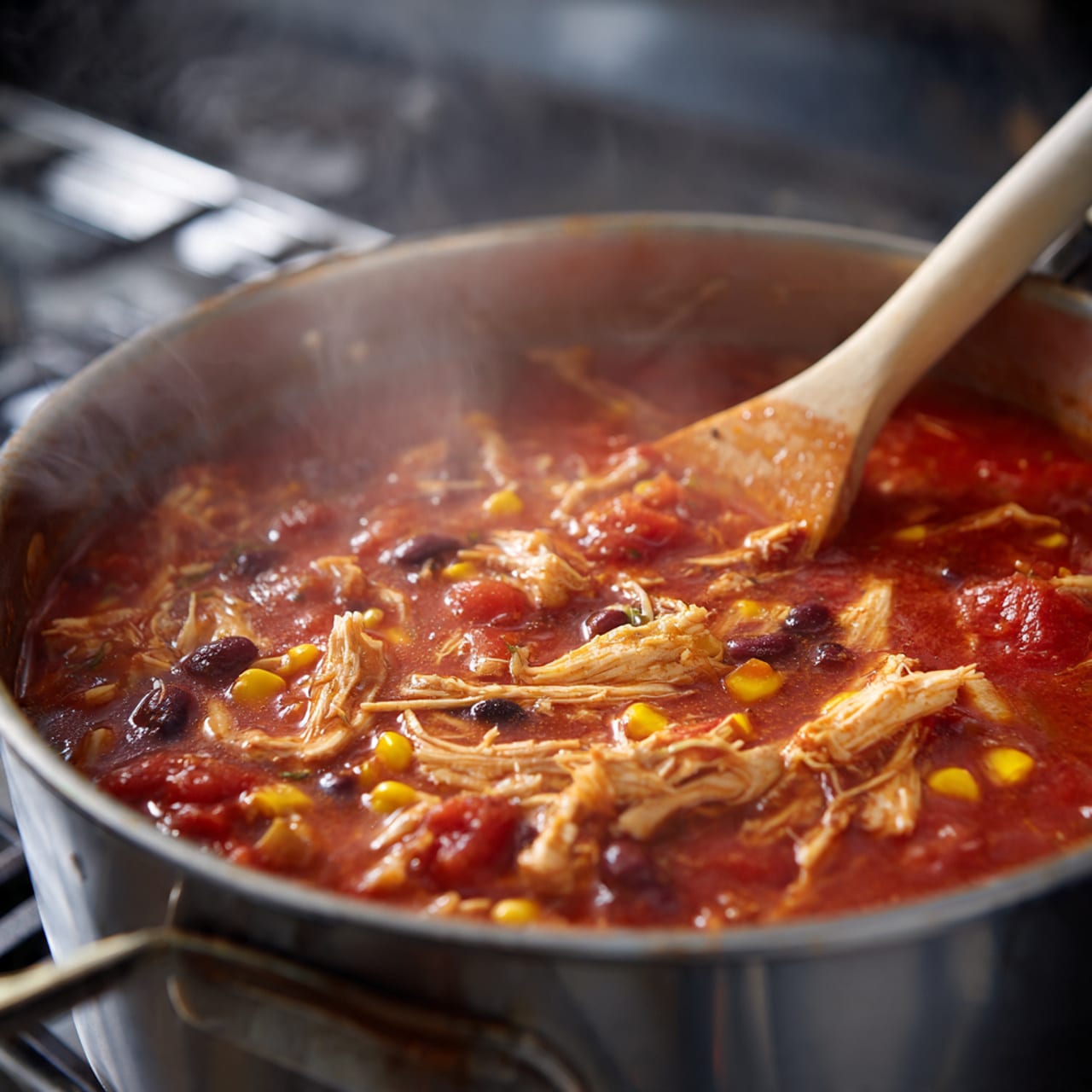 A large silver pot filled with a thick red soup, containing visible layers of light brown shredded chicken pieces, yellow corn kernels, black beans, and small chunks of tomato. The soup has a smooth, slightly chunky texture with steam rising from it. A wooden spoon with a light beige handle is resting inside the pot, partially covered in the red soup mixture. The background shows a white stove surface with some reflections and edges visible. The overall scene shows the warmth and heartiness of the soup being cooked. photo taken with an iphone --ar 4:5 --v 7