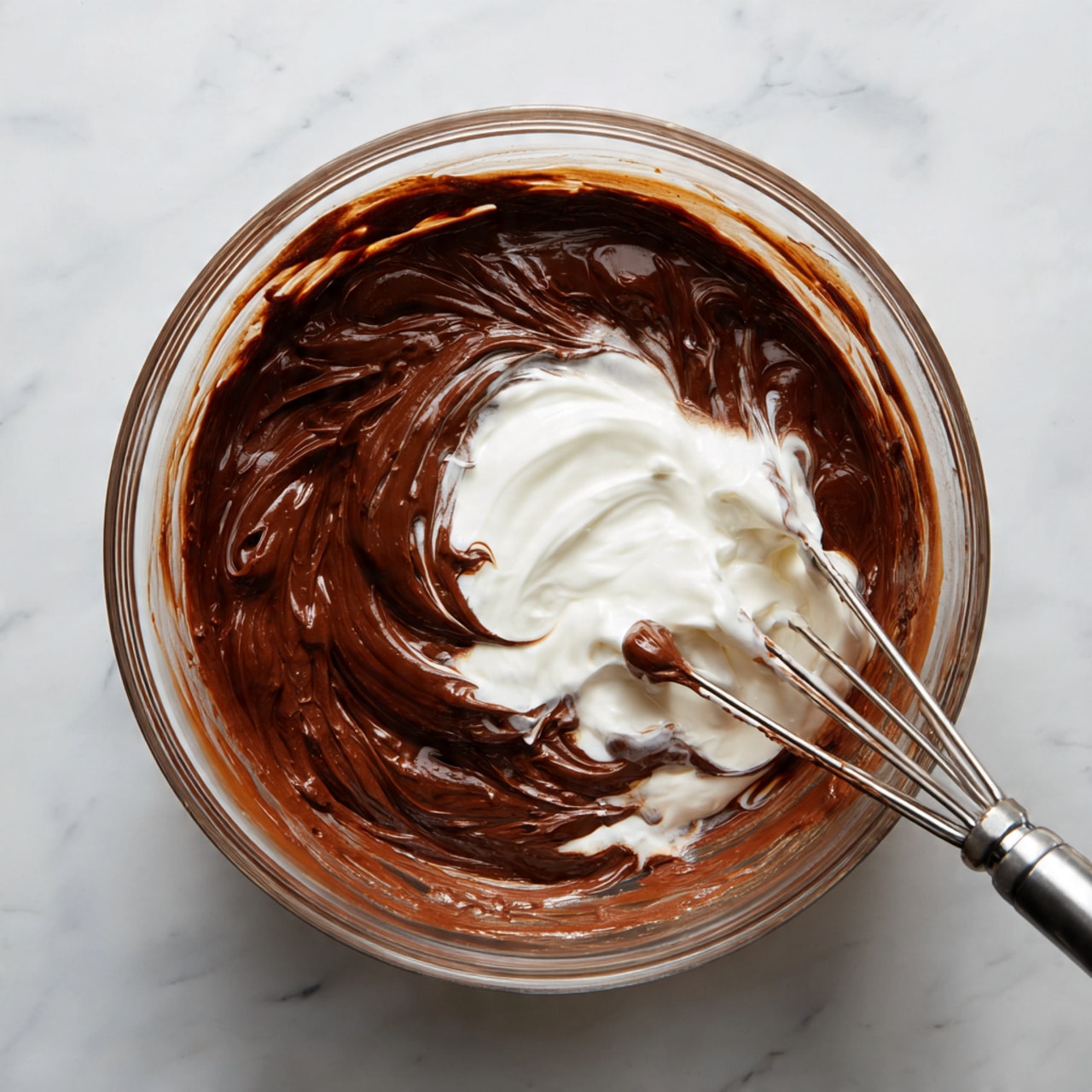 A clear glass bowl sits on a white marbled surface, filled with thick and rich dark brown chocolate batter that has a soft, creamy texture. In the center of the bowl, a layer of smooth white liquid, likely vanilla or cream, is being mixed into the chocolate batter. The metal beaters of a mixer are partially visible on the right side, coated with the same chocolate mixture and slightly embedded in the batter. The contrast between the dark chocolate and white cream highlights the mixing process. Photo taken with an iphone --ar 4:5 --v 7