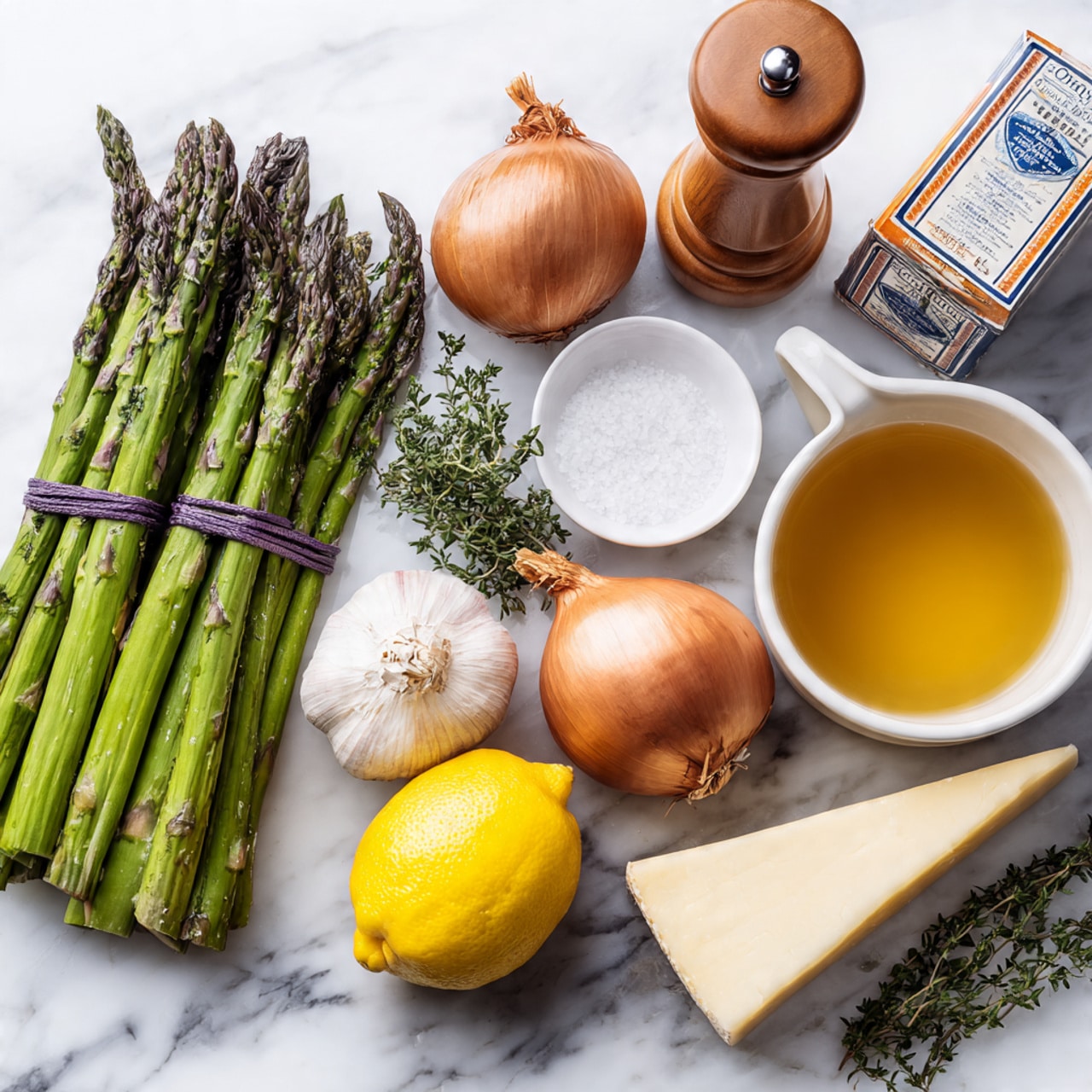 The image shows fresh cooking ingredients neatly arranged on a white marbled surface. There are two bunches of green asparagus tied with purple bands on the left side. Near them, a wooden pepper grinder stands tall next to a small white bowl filled with white salt. Behind the salt bowl is a carton of chicken broth with blue, white, and orange colors on its label. A bright yellow lemon is placed slightly in front of two brown onions. A small bunch of green thyme sprigs lies near two cloves of garlic. To the right, a wedge of hard cheese with a pale yellow color sits on the surface. In front, a small block of wrapped butter rests close to the garlic photo taken with an iphone --ar 4:5 --v 7