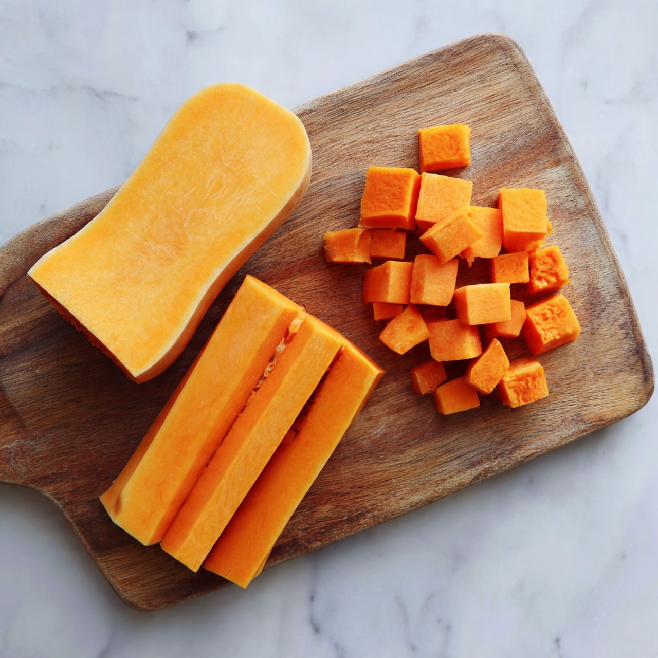 A wooden cutting board sits on a white marbled surface, displaying a peeled butternut squash that is partly sliced; one large piece of squash lies on the left, followed by two long narrow strips next to it, and a small pile of cubed squash pieces is arranged on the right side of the board, showing an orange, smooth texture with soft edges, highlighting different shapes and sizes of the squash pieces photo taken with an iphone --ar 4:5 --v 7