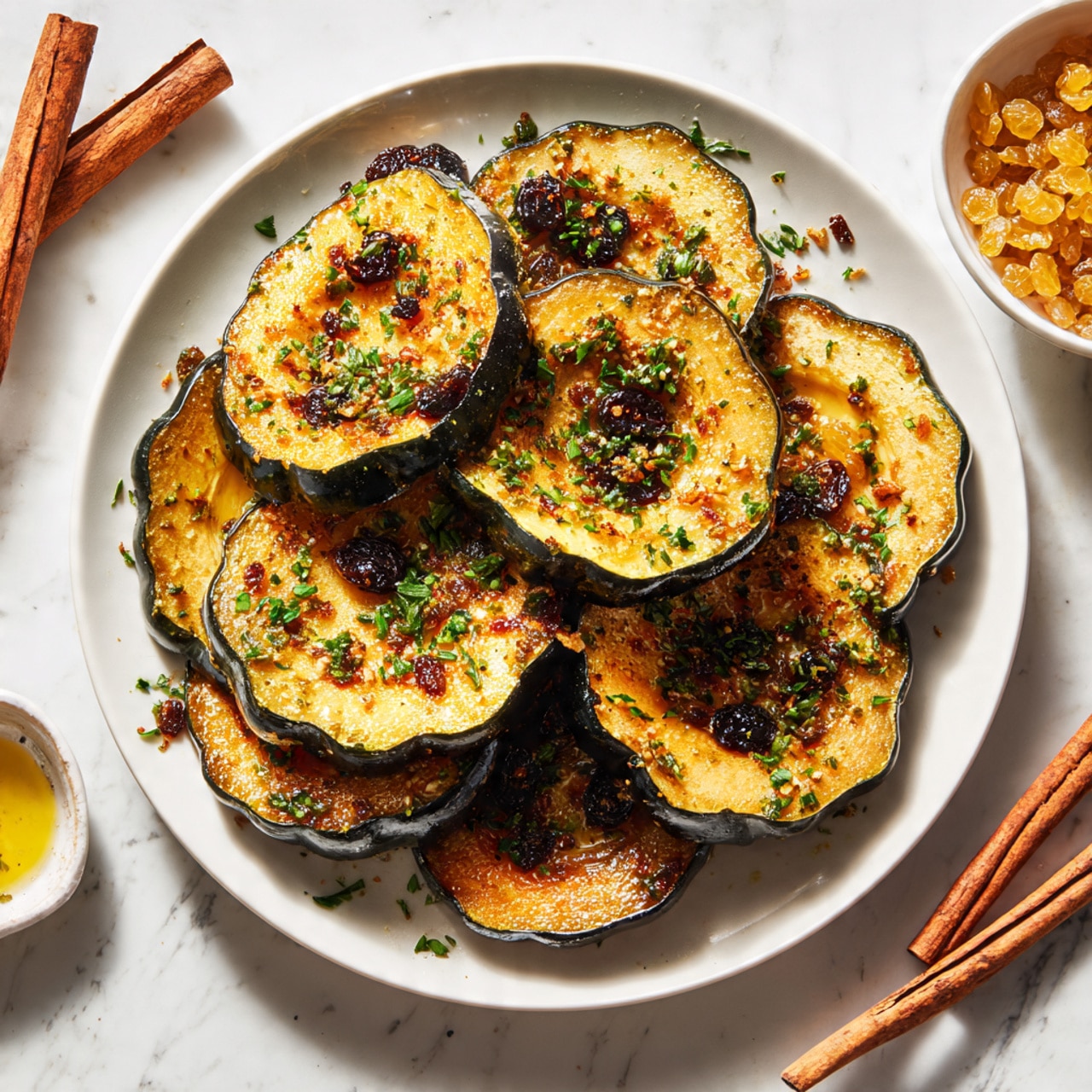 Three slices of roasted delicata squash with dark green edges and golden yellow centers are arranged spaced out on a white plate. Each slice shows a slight caramelized brown color on parts of the soft textured surface. Scattered over the squash and plate are small dark raisins, light golden raisins, and finely chopped fresh green herbs. The plate is placed on a white marbled surface with a striped white cloth and silver fork visible at the side. Photo taken with an iphone --ar 4:5 --v 7