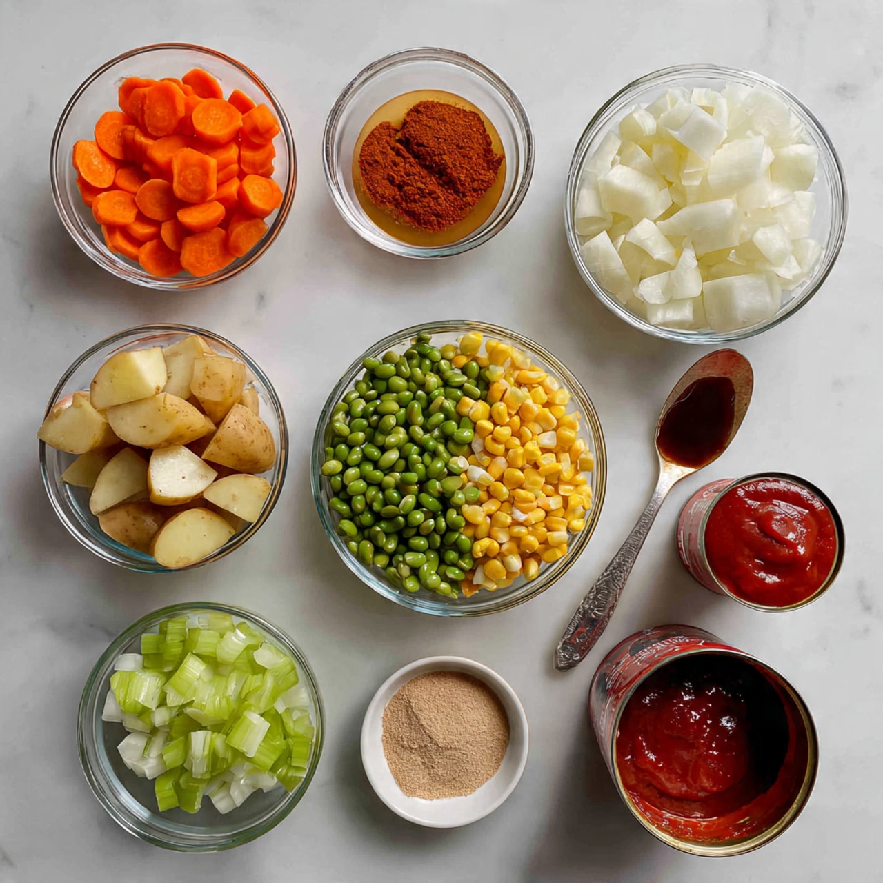 The image shows various ingredients arranged neatly on a white marbled surface. There are eight separate clear glass bowls and containers, each holding different ingredients: bright orange carrot slices in one bowl at the top left; a large bowl in the center with frozen green beans, light green lima beans, and yellow corn; a bowl of chopped white onions to the right; diced light brown potatoes in a measuring cup placed at the bottom left; sliced green celery in a small bowl at the bottom center; a small bowl of a light brown powder near the top right; a small bowl of dark brown liquid near the middle left; a red container with a spoon holding reddish brown spice inside; and an open can of red tomato sauce with a spoon resting inside on the right side. The items are well spaced, showcasing vibrant and varied colors with clear textures. Photo taken with an iphone --ar 4:5 --v 7
