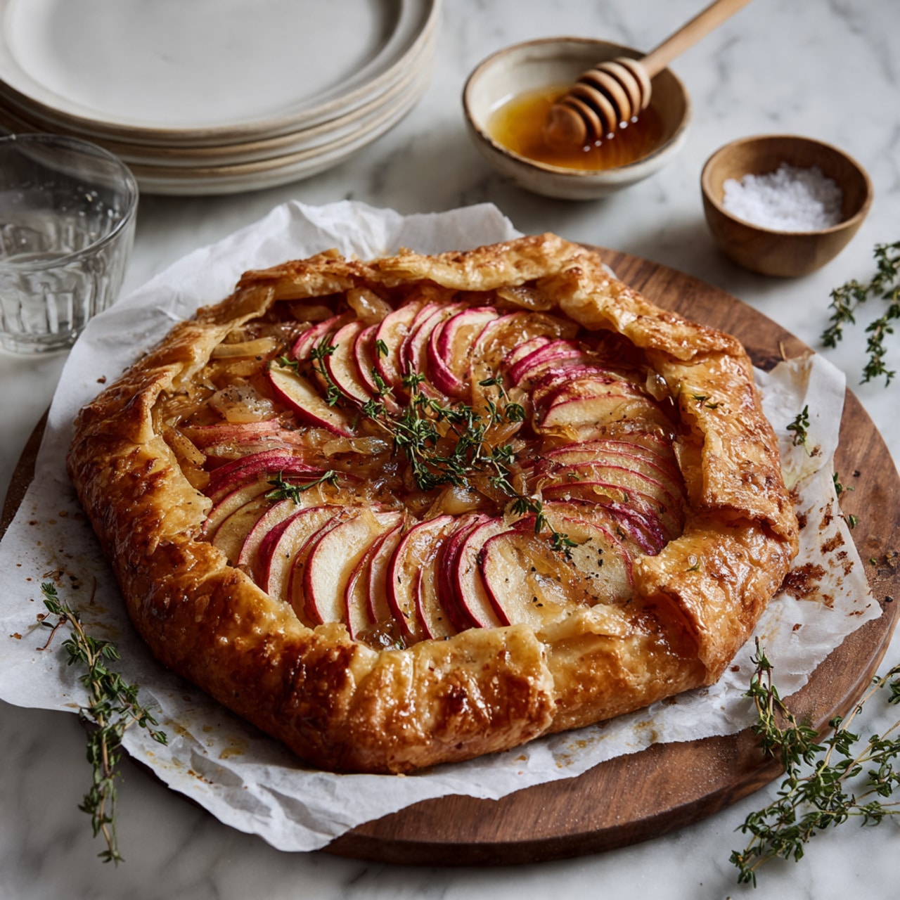 The image shows a round galette with a golden, flaky crust made of many thin, crispy layers folded over the edges. The inside layer has thin red apple slices arranged in a curved fan shape on a light creamy filling, garnished with small green thyme leaves scattered on the top. One slice of the galette is separated from the main piece, and it rests on a small white plate with a wooden-handled fork on top. The galette and plate are set on a wooden board lined with white parchment paper, all placed on a white marbled surface. A small bowl with honey and a wooden honey dipper is to the side, along with a small white plate holding fresh sprigs of thyme. A soft pink and white checkered cloth is partly visible at the edge. photo taken with an iphone --ar 4:5 --v 7