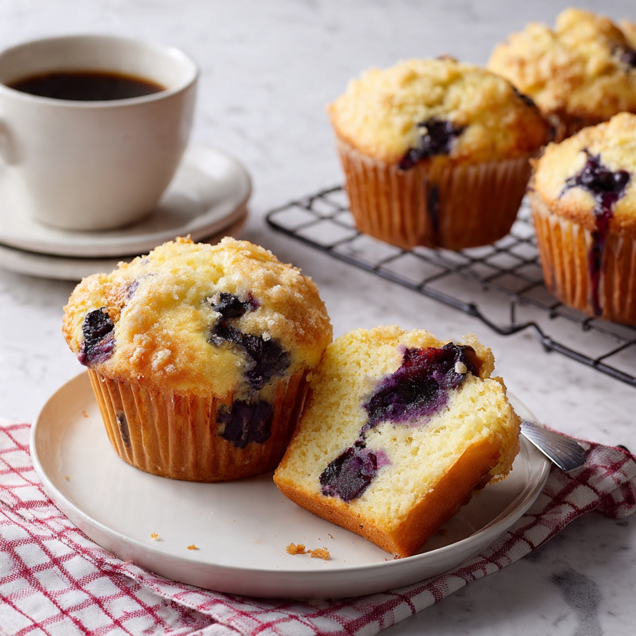 A white plate on a white marbled surface holds a blueberry muffin split in half, showing a light beige, soft inside with visible blueberries and a crumbly, golden top layer. To the left, part of another whole blueberry muffin rests on a white plate, and in the upper right corner, there are two whole muffins with crumbly golden tops on a cooling rack. A cup of dark coffee is partially visible in the top left corner, and a red and white checkered cloth lies beneath the cooling rack on the right. Photo taken with an iphone --ar 4:5 --v 7