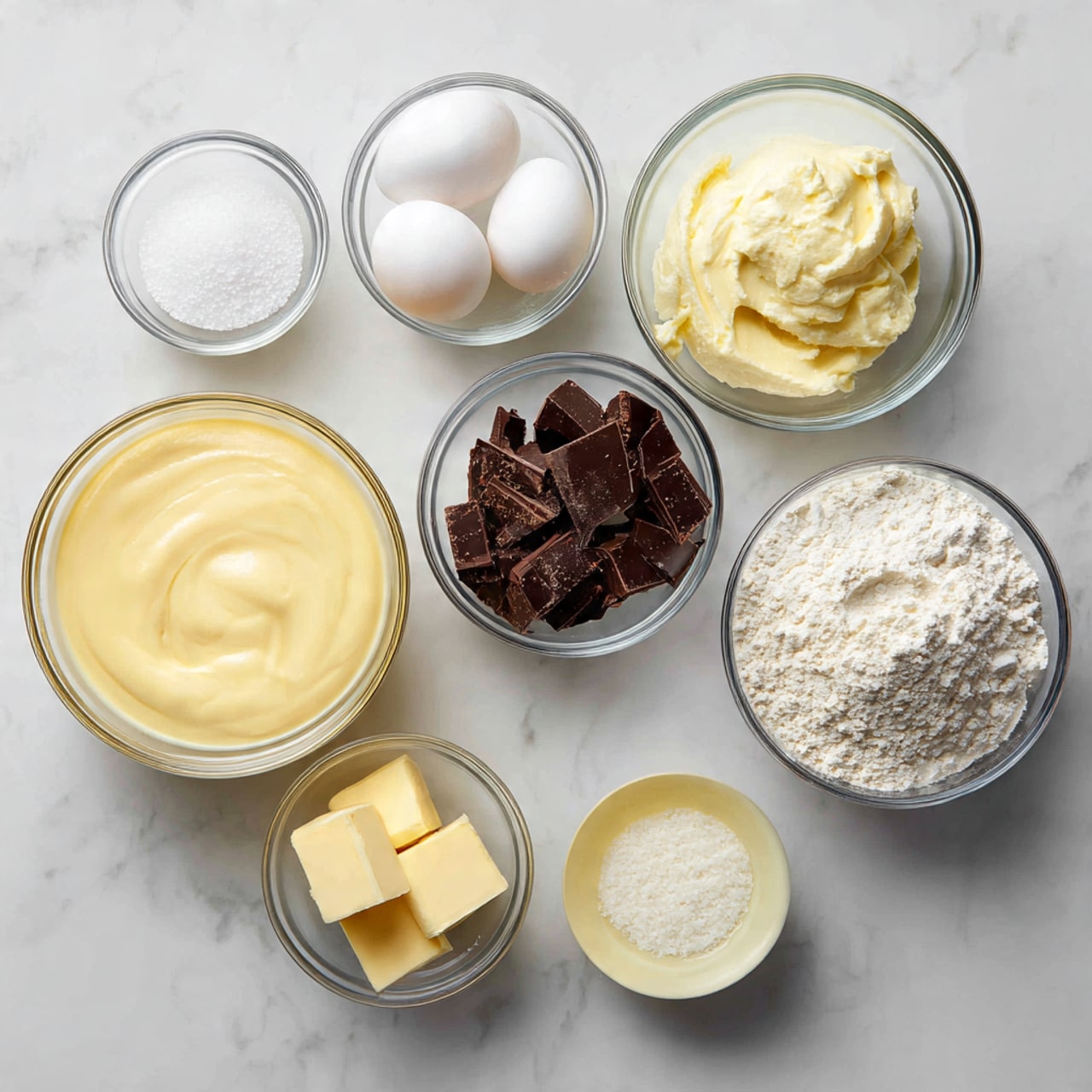 The image shows nine small clear glass bowls with different ingredients arranged on a white marbled surface. The largest bowl at the bottom left contains a smooth, pale yellow creamy batter. Above it, starting from the top left corner, is a bowl with two whole white eggs, a bowl with off-white thick cream, and a bowl with dark brown chopped chocolate pieces. In two small bowls in the middle row are white salt and white sugar granules. To the right, a small bowl holds a pale yellow cube of butter. At the bottom right corner are two more bowls: one with white flour and another with a little pale yellow liquid, possibly milk. All items are neat and evenly spaced. Photo taken with an iphone --ar 4:5 --v 7
