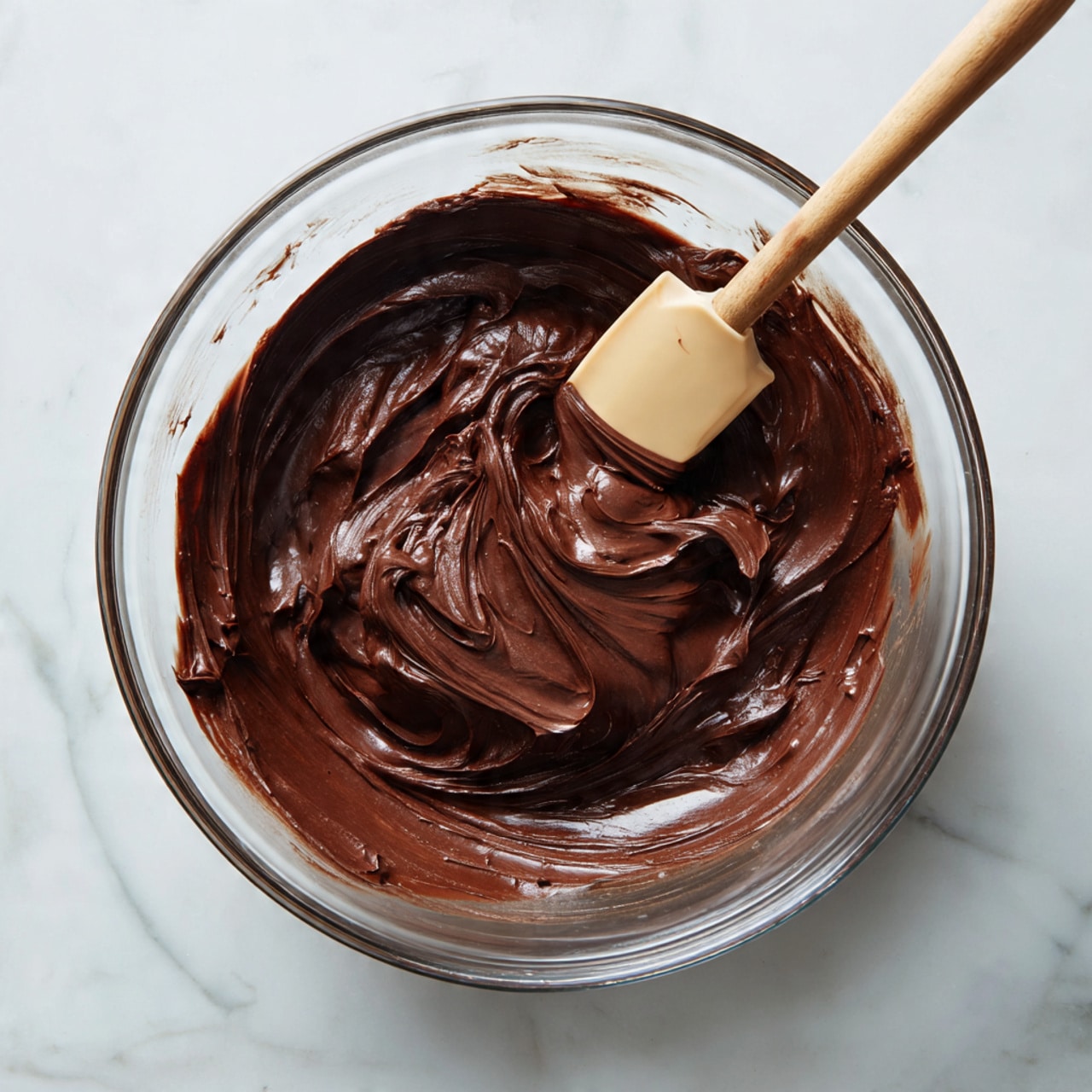 A clear glass bowl sits on a white marbled surface filled with thick, dark brown chocolate batter that has a smooth but slightly chunky texture. The batter is gathered mostly in the center of the bowl, showing slight swirls and folds from mixing. Inside the bowl, resting on the right side, is a wooden spatula with a light tan silicone head partially covered in chocolate batter. The overall look is rich and glossy, with some batter smudges around the edges of the bowl. photo taken with an iphone --ar 4:5 --v 7