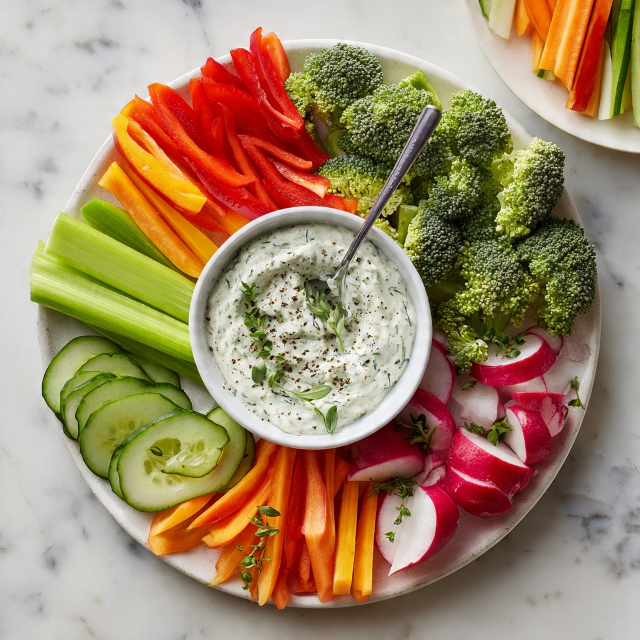 A large white plate shows an arranged mix of fresh vegetables with a white bowl of creamy herb dip in the center. Around the bowl, there are bright green celery sticks, broccoli florets, crisp orange carrot sticks, red bell pepper strips, red radish halves, and thin cucumber slices, each placed in neat sections creating a colorful ring. Small green herb leaves are garnished on some vegetables and sprinkled on the dip, with a small metal spoon resting inside the bowl. The plate is set on a white marbled textured surface, and in the background, there is a smaller white plate with a few vegetables and dip visible. Photo taken with an iphone --ar 4:5 --v 7