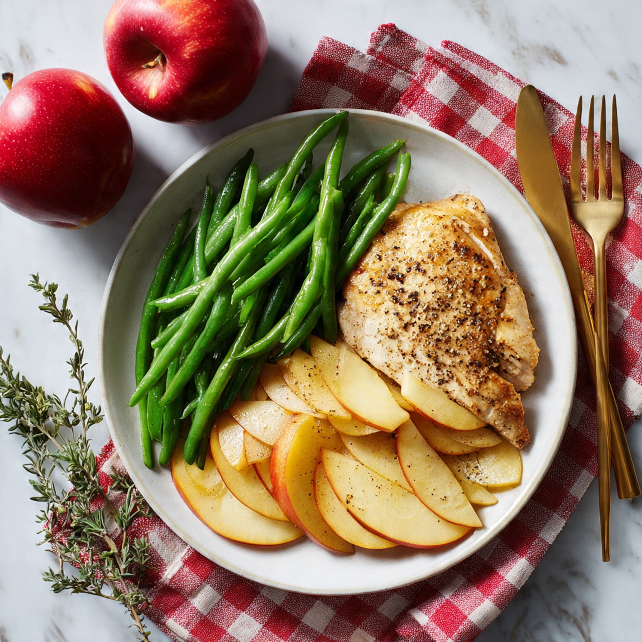 A white plate holds a meal with three main layers: at the bottom, thin slices of cooked apple with a light brown color arranged in a semi-circle; on top of the apples, a golden-brown piece of chicken seasoned with black pepper sits near the center-right; on the left side of the plate, a neat pile of steamed green beans with a bright green color and smooth texture complements the dish. The plate is on a white marbled surface with a red and white checkered cloth nearby, along with a gold fork and knife beside it, and two red apples, one whole and one sliced, on the upper left corner. photo taken with an iphone --ar 4:5 --v 7