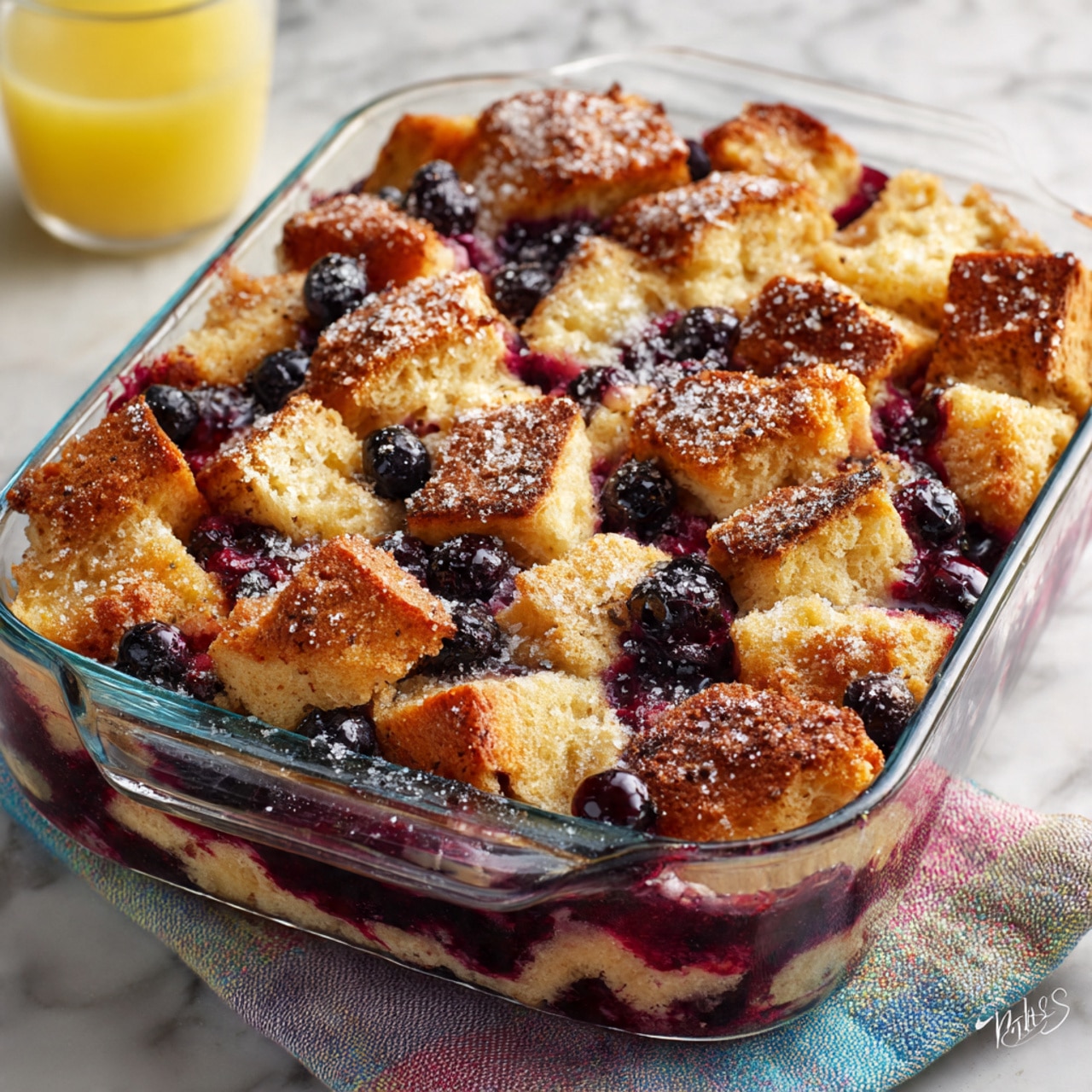 The image shows a close-up of a dish made of many layers of soft, light beige bread cubes with golden-brown crusts, mixed evenly throughout with small, round, deep blue blueberries. The bread pieces have a fluffy texture with some visible air pockets, covered lightly with a shiny, wet looking layer, suggesting soaked custard or liquid. The colors are mainly light beige with spots of warm brown from the crusts, and scattered pops of dark blue from the blueberries spread all over. The background is a white marbled texture. photo taken with an iphone --ar 4:5 --v 7