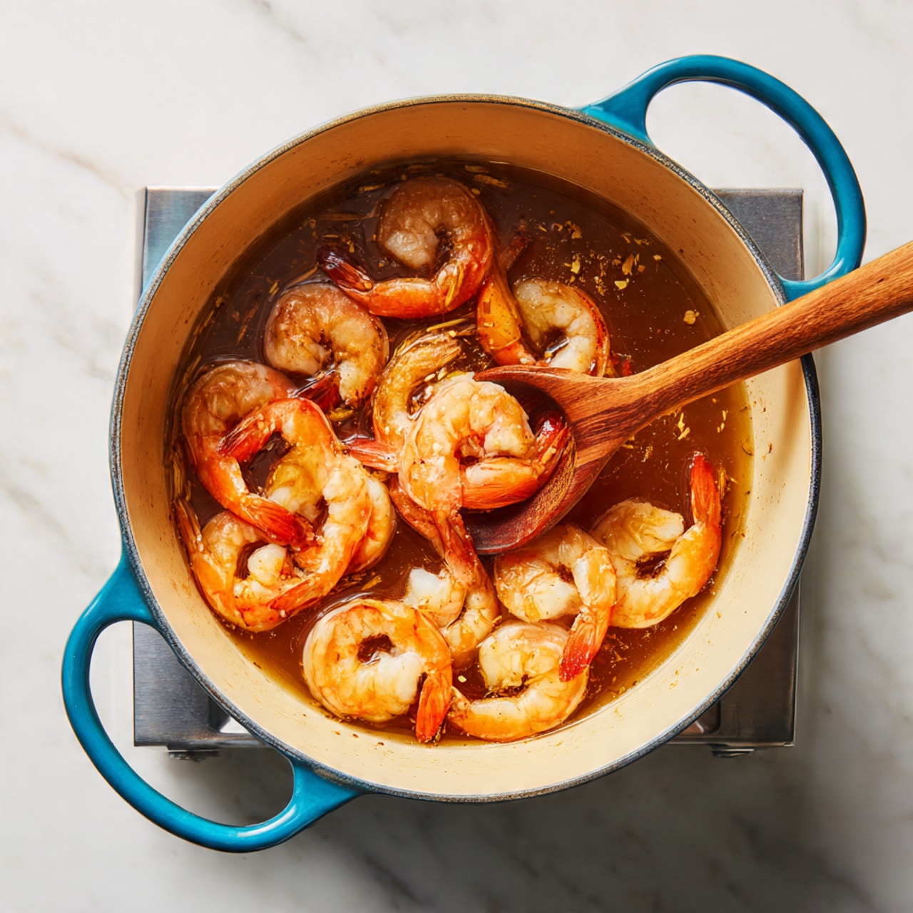 A blue cooking pot sitting on a stove with peeled shrimp cooking inside. The shrimp are pink and orange with some liquid at the bottom of the pot, showing a light brown color. A wooden spoon is stirring the shrimp from the right side, with the spoon's surface showing a smooth texture. The pot has two handles, one on each side, and the inside is cream-colored. The background shows a white marbled texture around the stove area. photo taken with an iphone --ar 4:5 --v 7