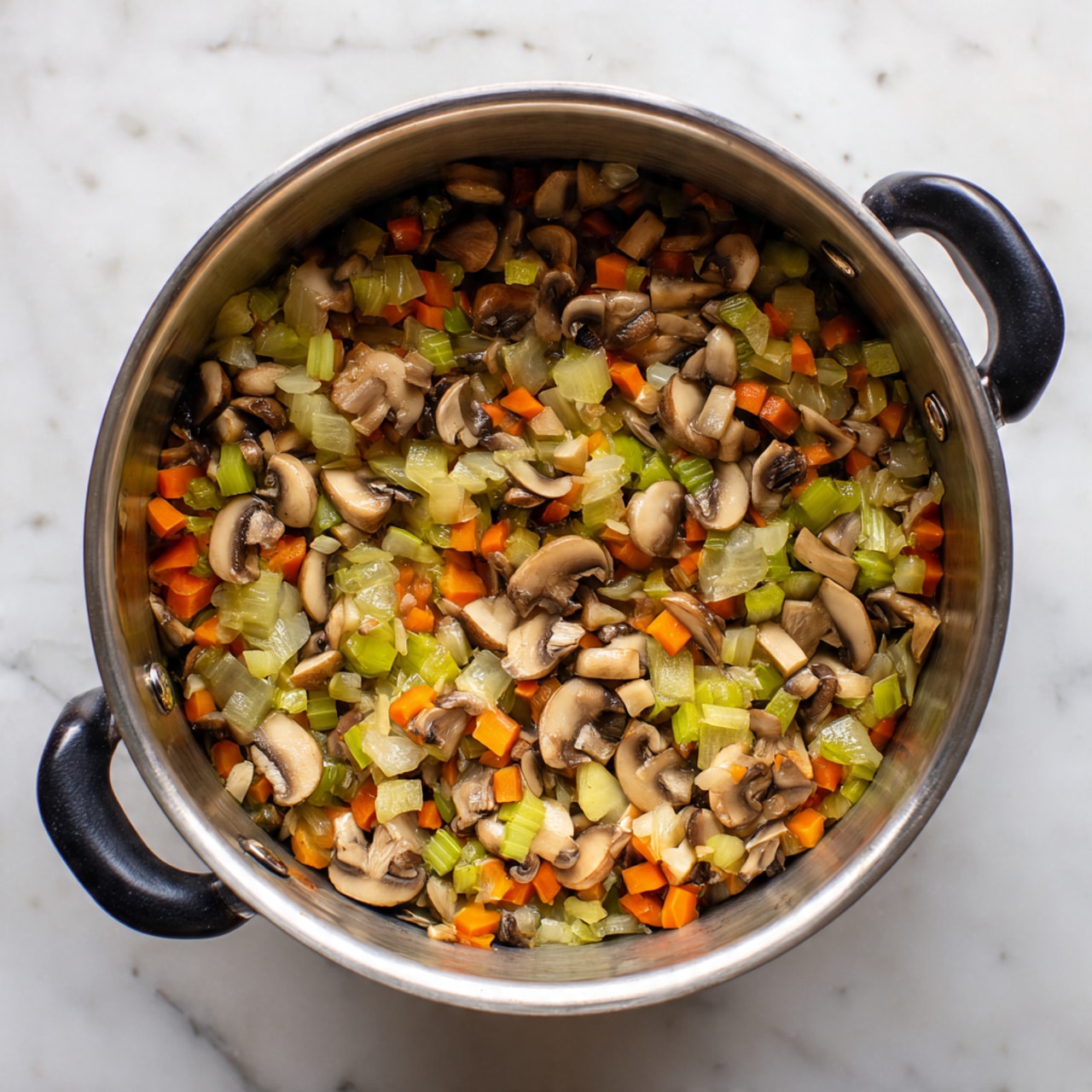 A top-down view of a shiny silver pot with black handles on each side, filled with a colorful mixture of chopped vegetables. The mixture has multiple layers of small, sliced mushrooms in light to dark brown shades, bright orange carrot pieces cut into round shapes, light green celery chunks, and small pieces of translucent onions. The vegetables look soft and cooked, with a slight shine from moisture or oil. The pot sits on a white marbled surface. Photo taken with an iphone --ar 4:5 --v 7