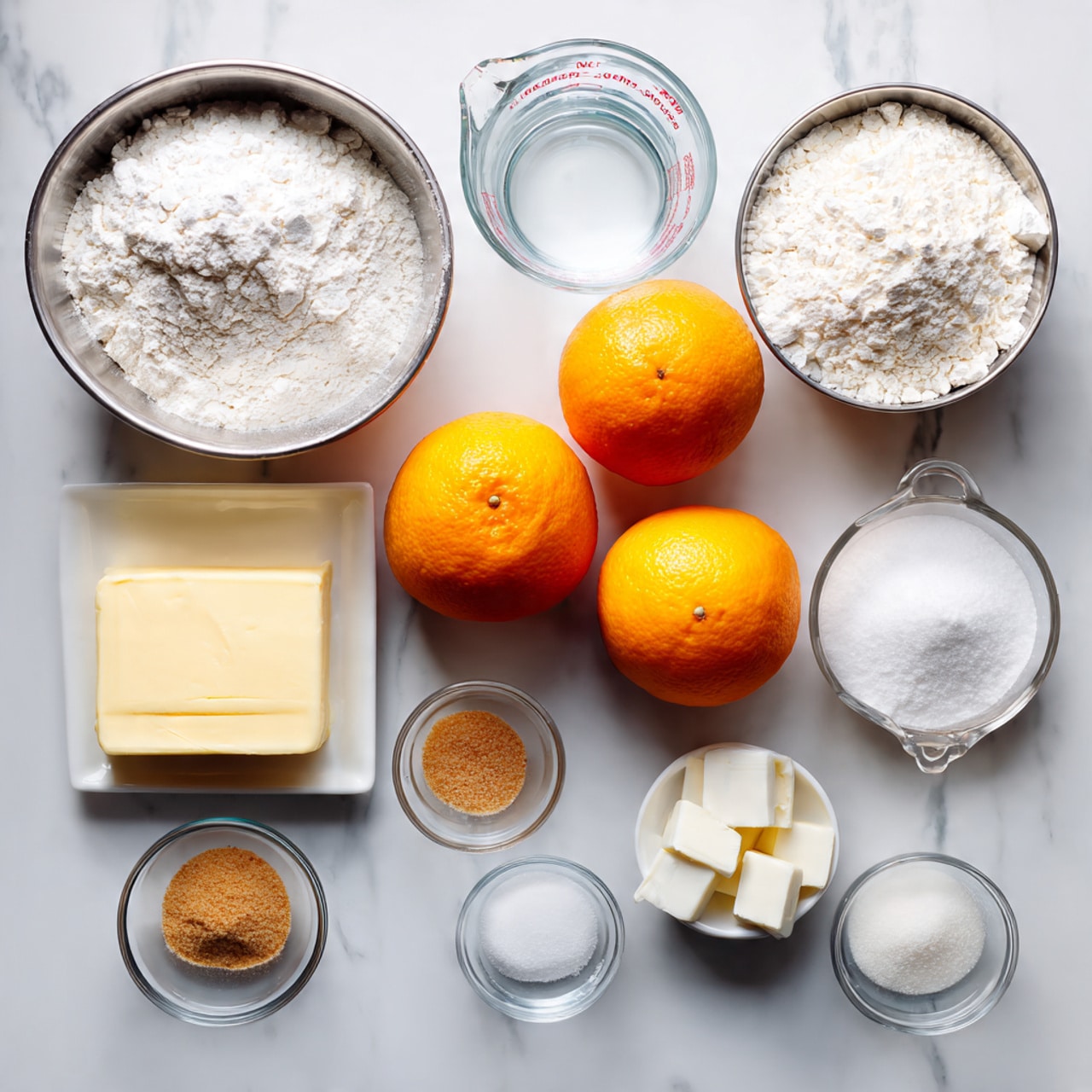 A flat lay of baking ingredients arranged neatly on a white marbled surface, including two whole oranges placed in the middle, a metal bowl with white flour on the left, and another metal bowl with powdered sugar on the right. Below the oranges, there is a stick of butter with a small piece cut off, and around it several small clear glass bowls holding light brown sugar, white granulated sugar, milk, yeast, salt, vanilla extract, and a block of cream cheese. A clear measuring cup with water is placed above the oranges near the center. All containers and bowls are white or clear, creating a clean and bright look. photo taken with an iphone --ar 4:5 --v 7