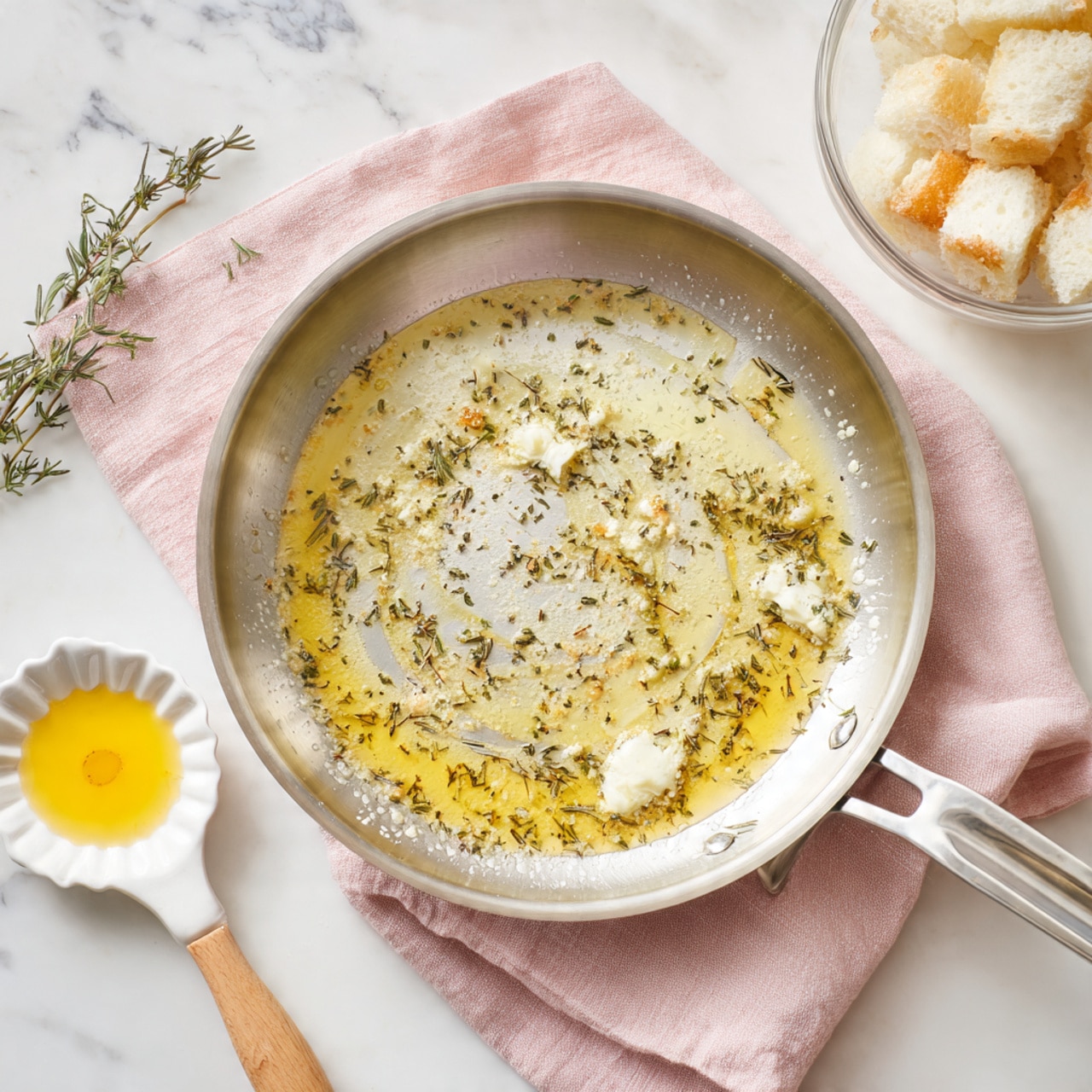 A shiny metal pan holds melted butter mixed with small dark green herbs and specks of white, creating a swirling pattern in the center of the pan. The pan rests on a soft pink cloth on a white marbled surface. To the bottom left of the pan, a white spatula with a wooden handle lies on a small white scalloped dish, with some yellow butter on the spatula's edge. In the top right corner, a clear glass bowl filled with torn white bread pieces sits partially in the frame. The whole scene is bright and clean. photo taken with an iphone --ar 4:5 --v 7