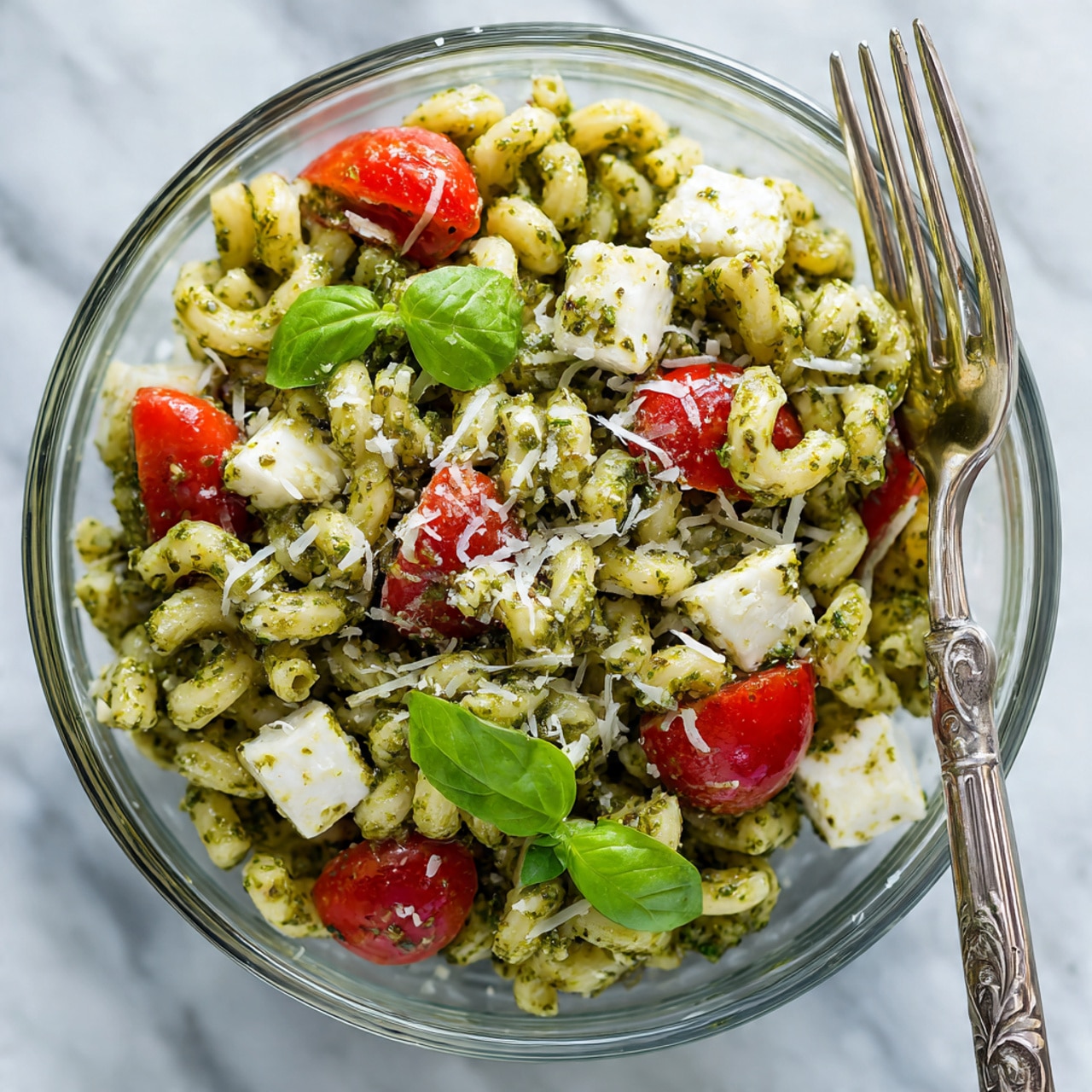 The image shows a bowl of pasta salad with three main layers. The bottom layer is small pasta coated with green pesto sauce, giving it a rough and slightly oily texture. On top of that, there are bright red cherry tomatoes, some whole and some cut in half, adding a shiny and juicy look. Scattered among the tomatoes are bright green basil leaves that appear fresh and soft. The top layer has white cubes of cheese spread across the salad, contrasting with the green and red colors. The bowl is transparent on a white marbled surface, and part of a woman's hand is seen on the left side. Photo taken with an iphone --ar 4:5 --v 7
