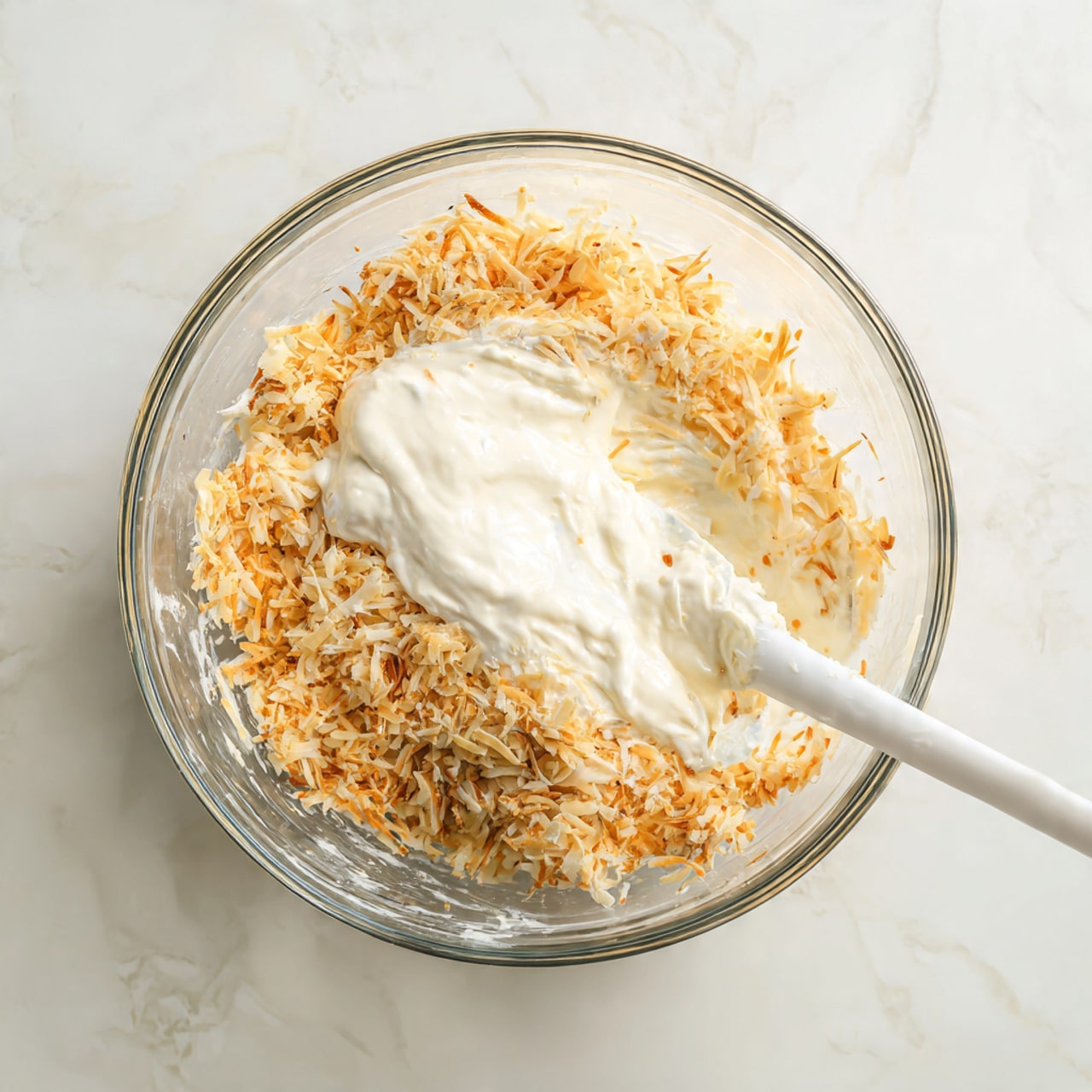 The image shows a clear glass mixing bowl placed on a white marbled surface, filled with two layers of food. The bottom layer is a mix of finely shredded light beige ingredients, having a coarse texture. On top of this is a thick dollop of smooth, bright white creamy substance. A white spatula is resting inside the bowl, partially covered with the shredded mixture and creamy topping. The scene is brightly lit, giving a fresh and clean look to the food photo taken with an iphone --ar 4:5 --v 7