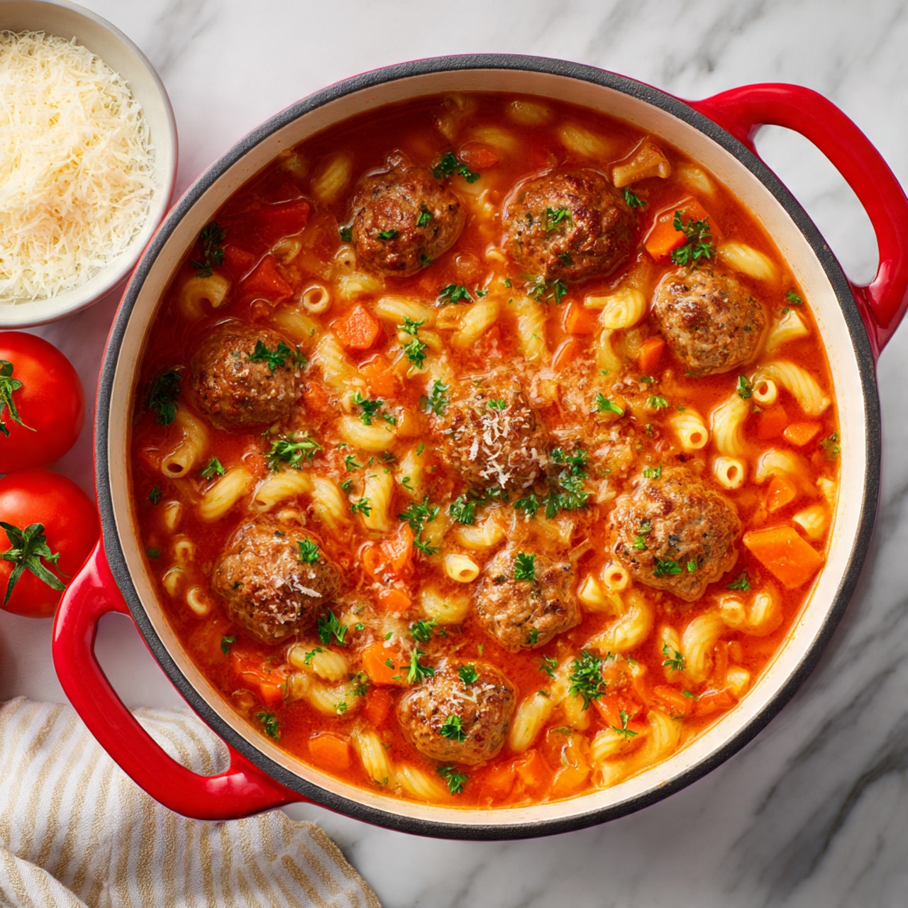A white bowl filled with a tomato-based soup that has two round meatballs sitting near the center. The soup contains small elbow macaroni pasta that is soft and golden-beige in color, mixed with visible chunks of tomato and some finely chopped green herbs scattered on top. The surface of the soup has a thick, rich texture with small bits of grated cheese sprinkled evenly over it. The bowl is placed on a white marbled surface with fresh whole tomatoes on the left side and pieces of bread on the top right. A silver spoon lies to the right of the bowl on a light gray cloth napkin. Photo taken with an iphone --ar 4:5 --v 7