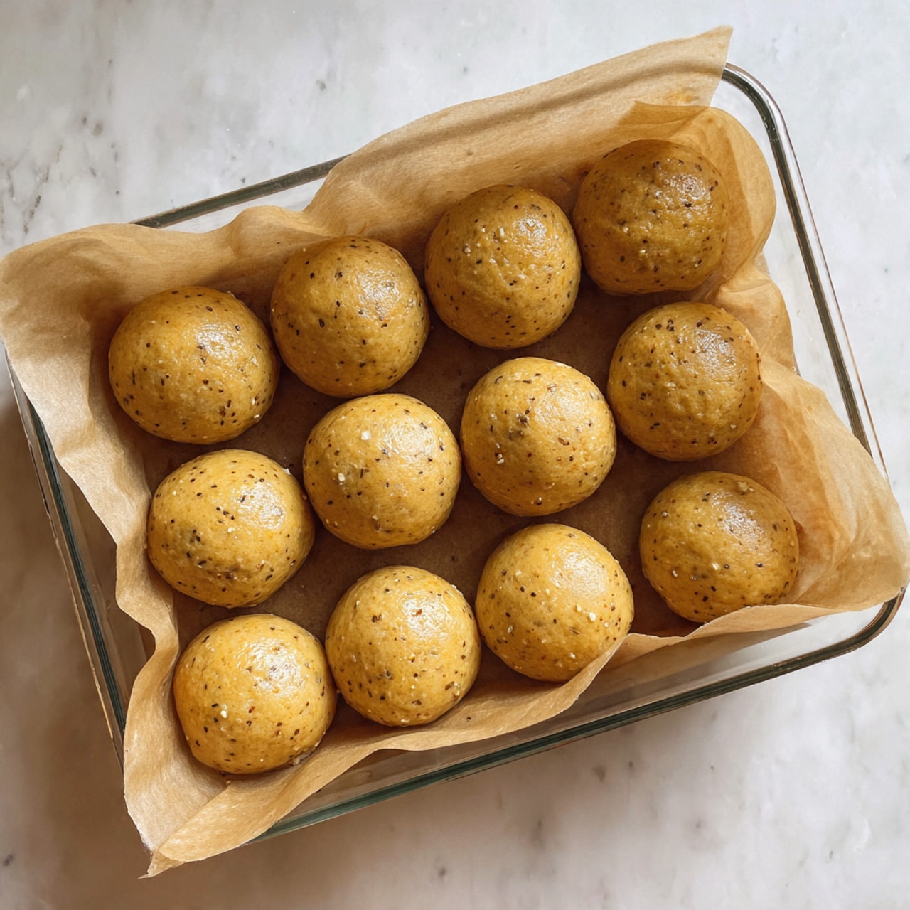A clear glass baking dish holds fifteen round dough balls arranged in a 3 by 5 grid, all resting on a sheet of light brown parchment paper that lines the dish. The dough balls have a smooth, golden tan surface with a few small visible seeds or grains embedded. The dish is set on a white marbled textured surface. Photo taken with an iphone --ar 4:5 --v 7
