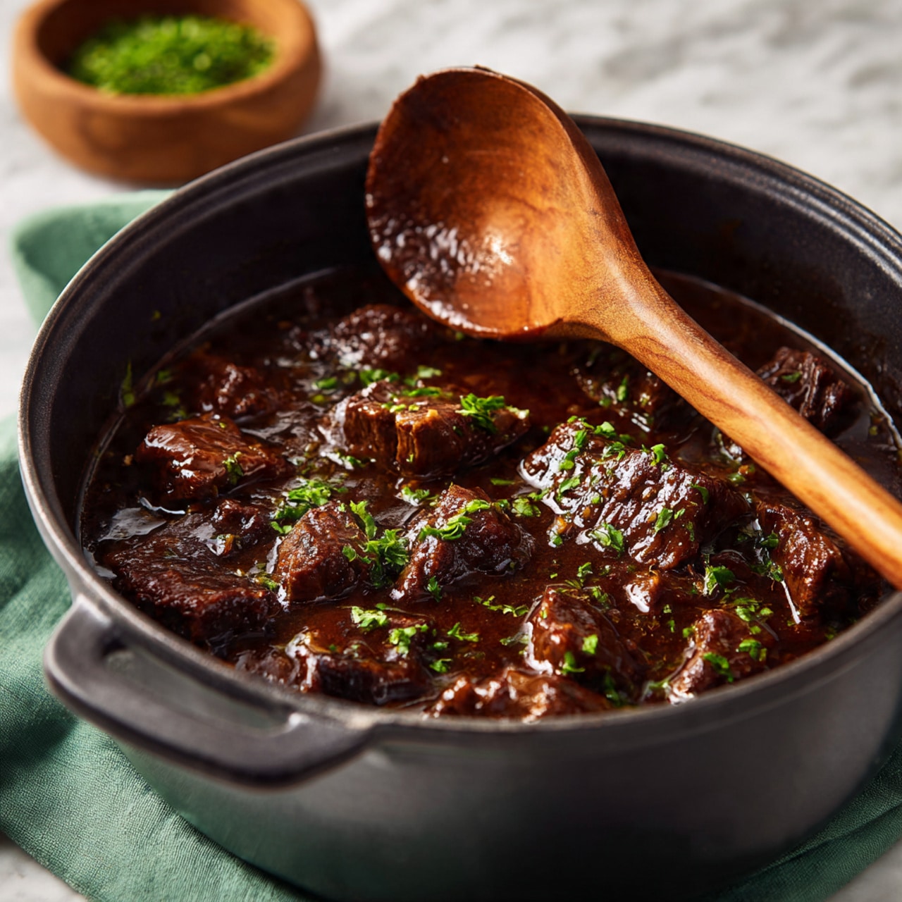A round black pot filled with brown soup that has a shiny and oily surface, showing various small pieces of white and orange vegetables spread throughout. The soup looks thick and is placed on a white marbled surface. The pot has white handles on each side with the word