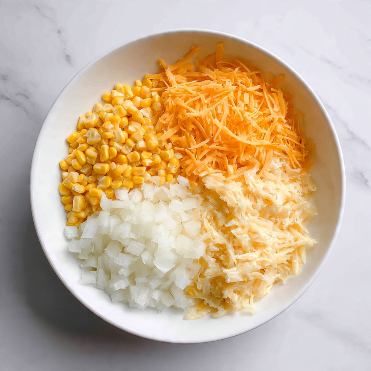 A top view of a white bowl filled with four different layers of ingredients separated in groups but in the same bowl: bright yellow sweet corn at the bottom left, white finely diced onions next to the corn on the left side, shredded orange cheddar cheese at the top right, and a creamy light yellow mixture with a slightly watery texture filling the remaining space on the right side. The bowl is placed on a white marbled surface. photo taken with an iphone --ar 4:5 --v 7