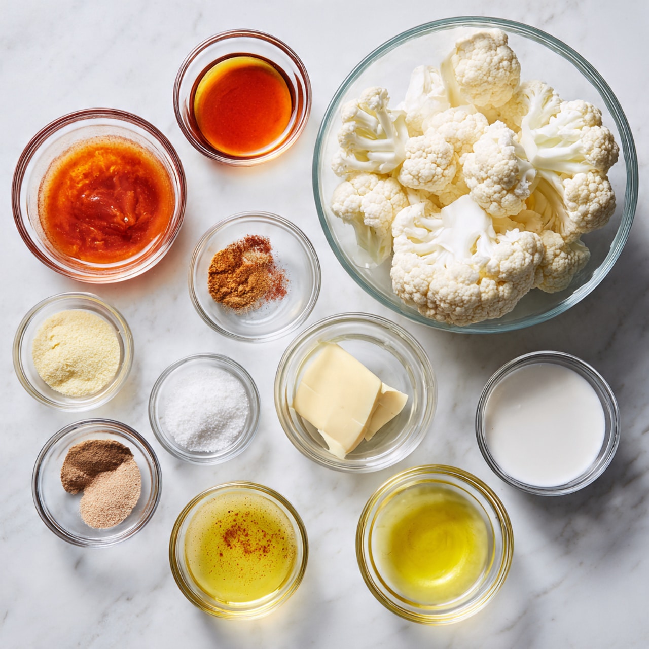This image shows ten small clear glass bowls arranged on a white marbled surface. The largest bowl is on the right and is filled with white cauliflower florets. To the left of it are smaller bowls, including one filled with an orange-red sauce and another with a light yellow oil. Below these are bowls containing tiny amounts of light brown and white powders, yellow butter, white salt, a light brown spice, white powder, and white milk. The bowls are evenly spaced in a neat, organized layout. photo taken with an iphone --ar 4:5 --v 7