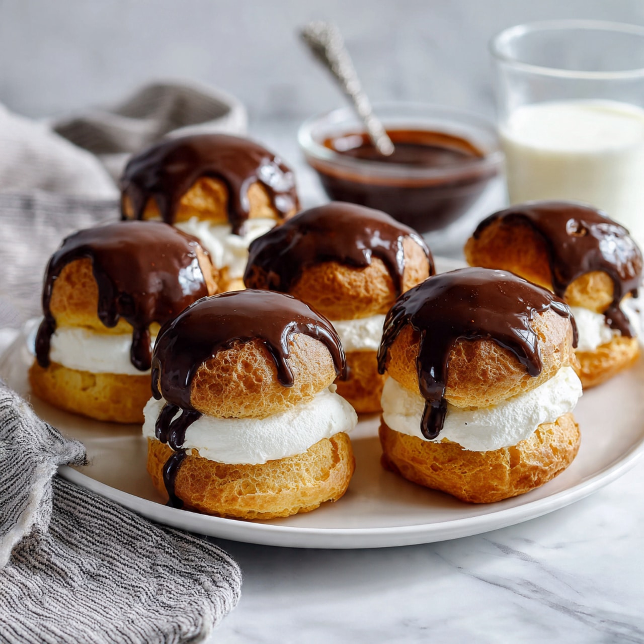 The image shows six cream puffs on a white plate set on a white marbled surface. Each cream puff has two layers: a golden brown, round puff pastry bottom and top, with a generous middle layer of white cream filling visible between them. The top of each cream puff is covered with a thick, dark brown chocolate sauce that drips slightly down the sides. In the background, there is a small glass bowl filled with chocolate sauce and a clear glass of milk. Part of a gray and white striped cloth is draped to the left side of the plate. photo taken with an iphone --ar 4:5 --v 7