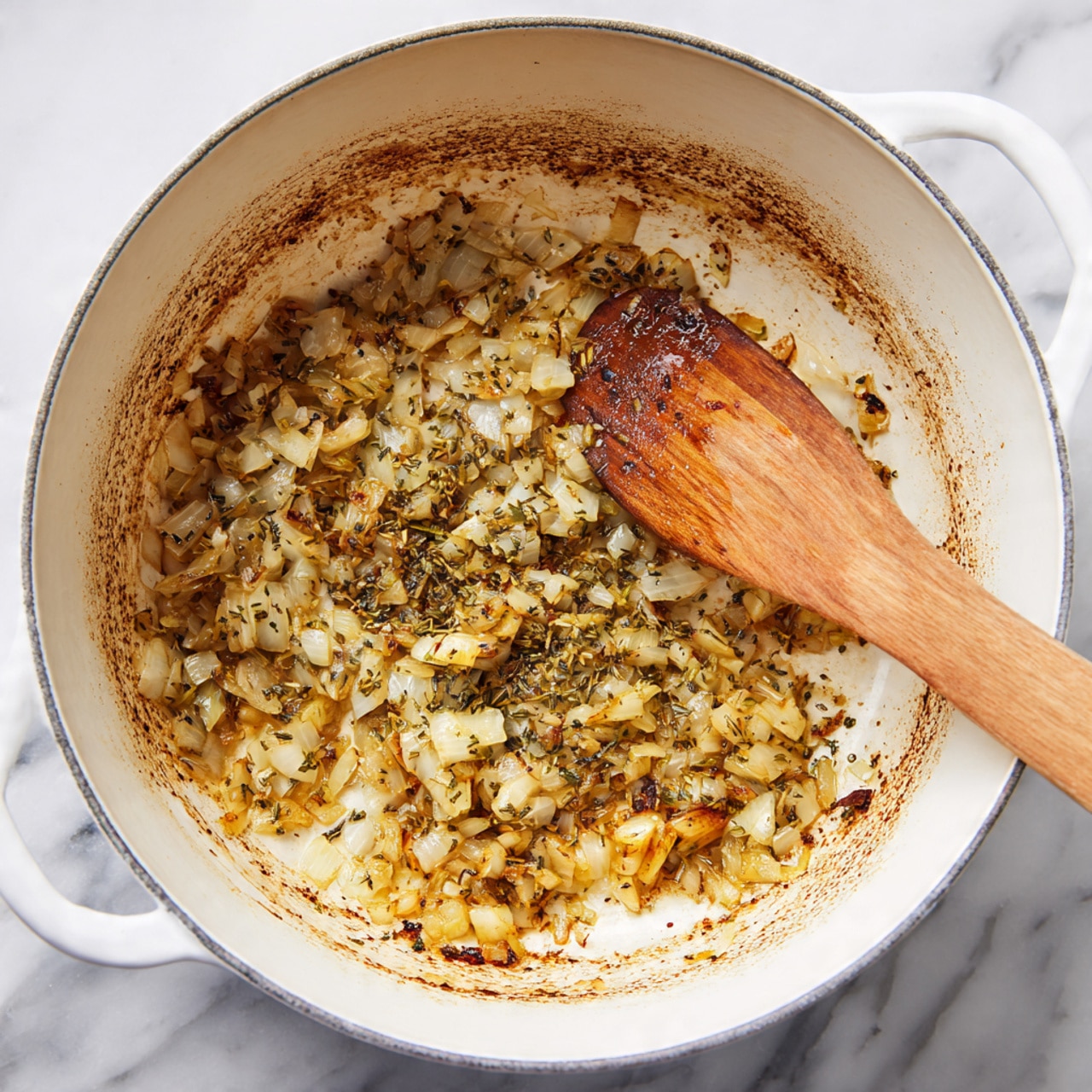 The image shows a close-up of a white pot with a thick layer of cooked onions and herbs inside. The onions are chopped into small pieces and have a soft texture with a golden-brown color mixed with some light greenish herbs scattered throughout. A wooden spoon lies inside the pot, resting on the sautéed mixture, showing signs of use with slight discoloration on the edges. The inside surface of the pot shows some brown cooking marks around the edge of the onion layer. The pot sits on a white marbled surface. photo taken with an iphone --ar 4:5 --v 7