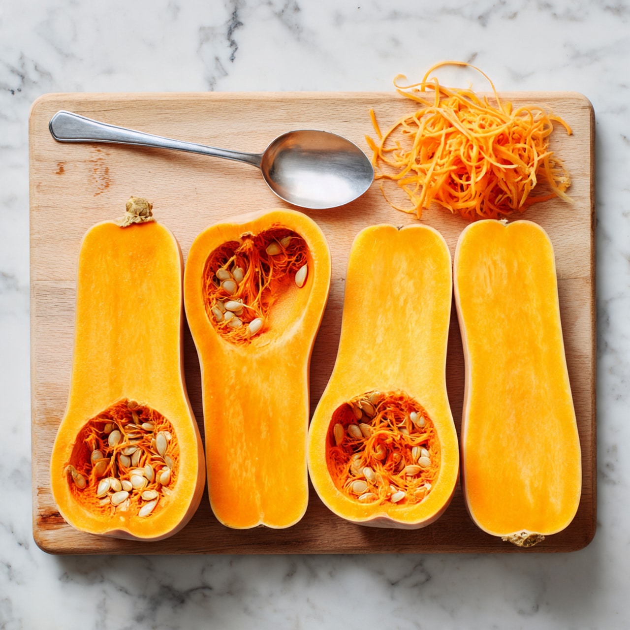 The image shows four butternut squash halves placed side by side on a light wooden cutting board over a white marbled surface. The two left halves still have seeds and stringy bits inside their hollowed centers, while the two right halves are cleaned out with no seeds, showing smooth, hollow orange cavities. To the right of the squash halves, there is a small pile of removed seeds and stringy orange flesh. A silver spoon lies above the squash on the board. The overall colors are bright orange squash against the natural wood and white marble. Photo taken with an iphone --ar 4:5 --v 7