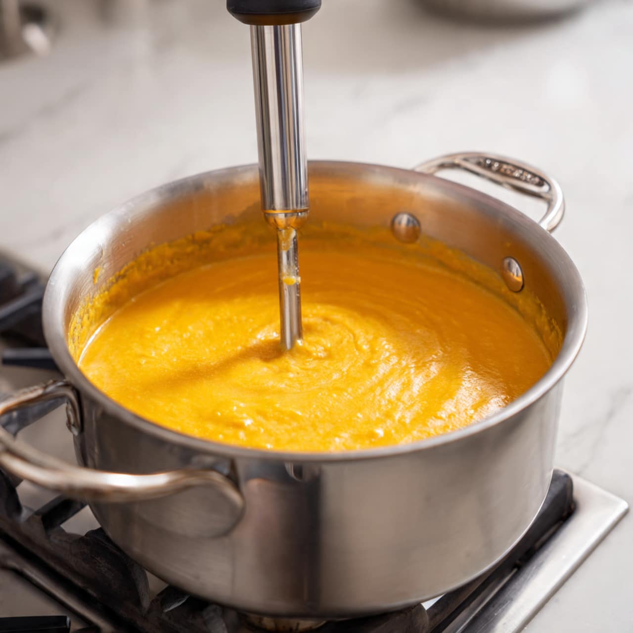A close-up view of a shiny metal pot on a stove, filled with smooth, thick orange-yellow soup being blended by a metal immersion blender. The soup has a creamy old gold color and a slightly thick texture with a few small bubbles. The pot has two round silver handles on each side, and the inside edges show some residue from the cooking. The background shows a clean kitchen environment with a soft, neutral look. Photo taken with an iphone --ar 4:5 --v 7