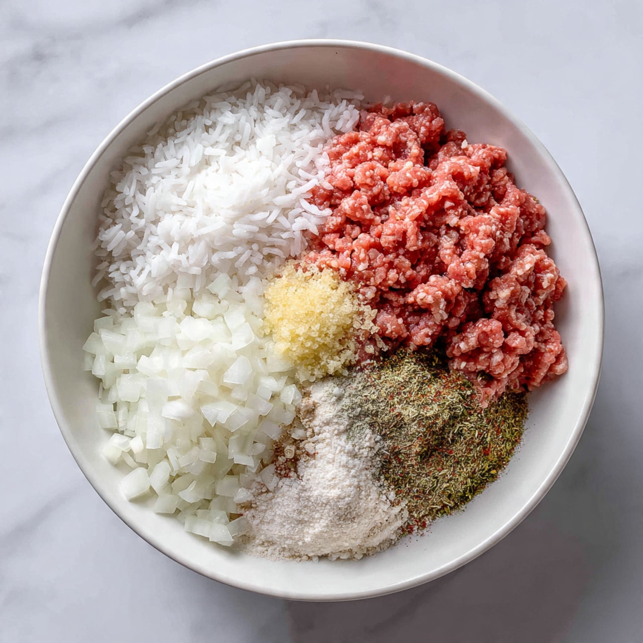 In a large white bowl on a white marbled surface, there are five distinct layers of ingredients arranged side by side. On the top left is a layer of cooked white rice with a fluffy and slightly sticky texture. Below it is a pile of finely chopped white onions with a crisp texture. To the right of the onions and rice is a large portion of raw ground meat in a pinkish-red color. In the center near the top, a small mound of light yellow minced garlic sits over the meat. On the right side of the bowl, a heap of mixed dry spices and seasoning in a pale greenish-grey shade covers part of the meat layer. The layers are clearly separated, giving a neat and organized look. Photo taken with an iphone --ar 4:5 --v 7