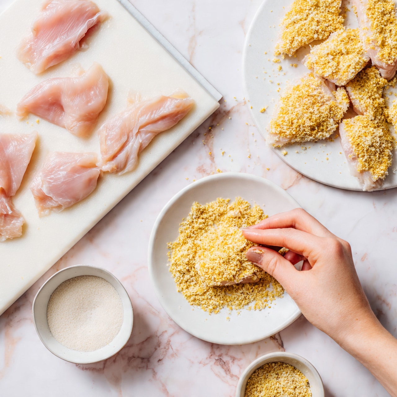 A white marbled surface holds a white cutting board on the left side with pale pink raw chicken pieces. Next to it are two small white bowls, one filled with a white liquid and the other with golden crispy breadcrumbs. A woman's hand is dipping a piece of chicken into the breadcrumbs bowl. To the right, there is a white plate with several pieces of chicken already coated in the golden breadcrumbs. photo taken with an iphone --ar 4:5 --v 7