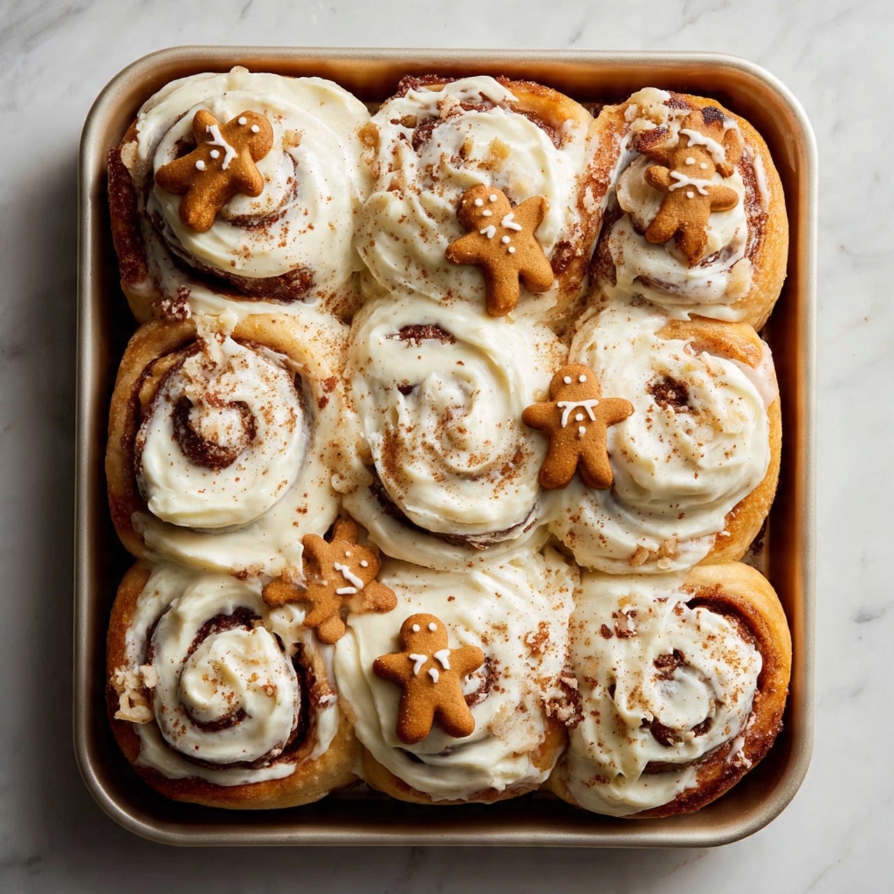 A close-up view of a single cinnamon roll with three visible spiraled layers of soft, golden-brown dough swirled with dark cinnamon filling. The roll is topped with a thick layer of creamy white icing that drips slightly down the sides, sprinkled lightly with cinnamon powder. The roll sits on a white speckled plate with a ruffled edge, placed on a white marbled surface. In the background, partially visible gingerbread men cookies and some green pine leaves add a cozy, festive touch. Photo taken with an iphone --ar 4:5 --v 7