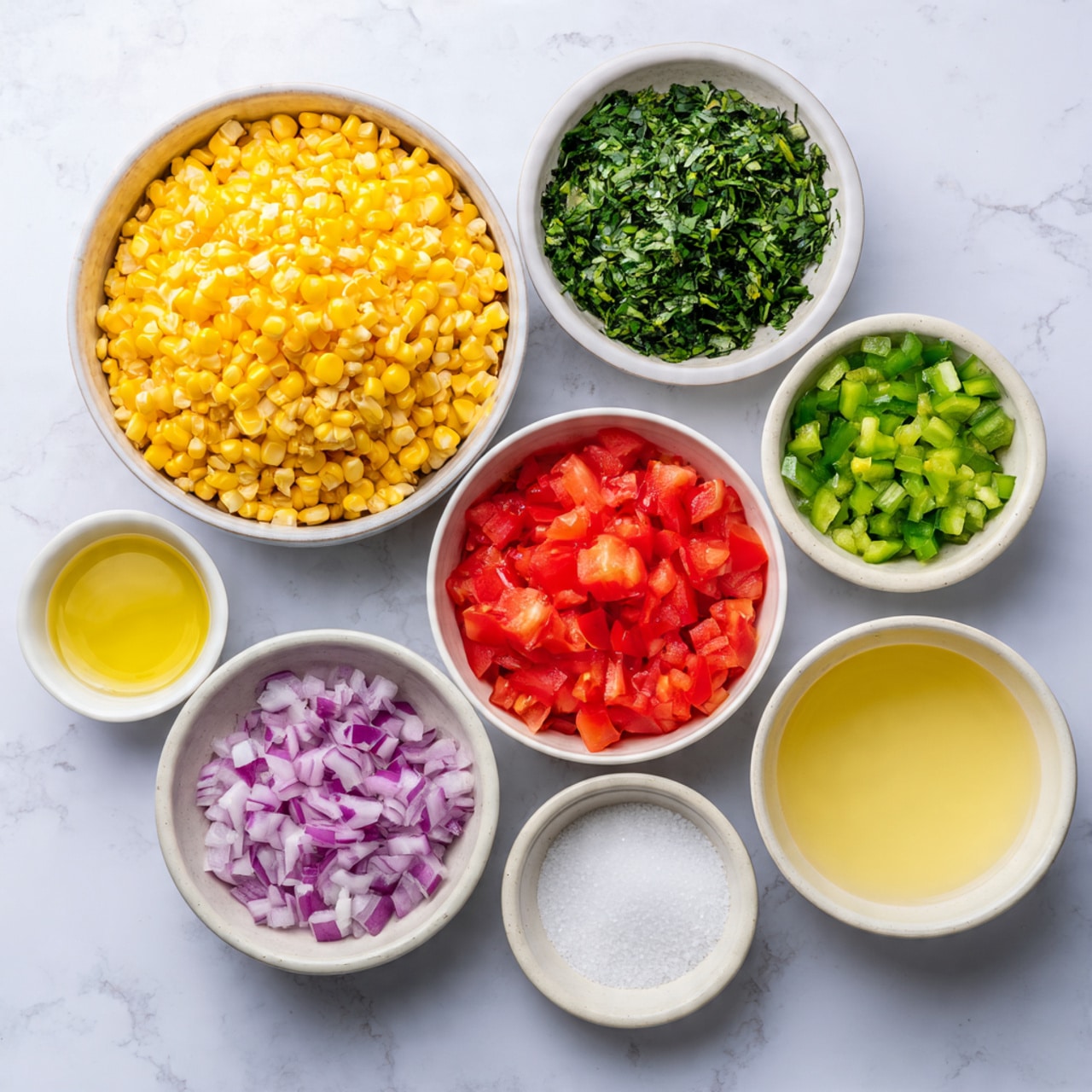 The image shows nine small white bowls arranged on a white marbled surface. The largest bowl at the bottom left is filled with bright yellow corn kernels. To the right of the corn is a bowl with finely chopped red tomatoes, showing a vivid red color and a juicy texture. Above the tomato bowl is another filled with chopped green herbs, dark green and fresh-looking. To the left of the herbs is a bowl containing finely chopped green peppers, light green with a slightly glossy texture. Below the green peppers is a small bowl with finely chopped red onions, showing pale purple and white colors. Between the bowl of corn and the chopped green herbs are three small bowls, one with a light yellow liquid, another with a slightly darker yellow liquid, and the third containing white salt. The bowls create a neat, colorful layout with a mix of textures from the vegetables and liquids. Photo taken with an iphone --ar 4:5 --v 7