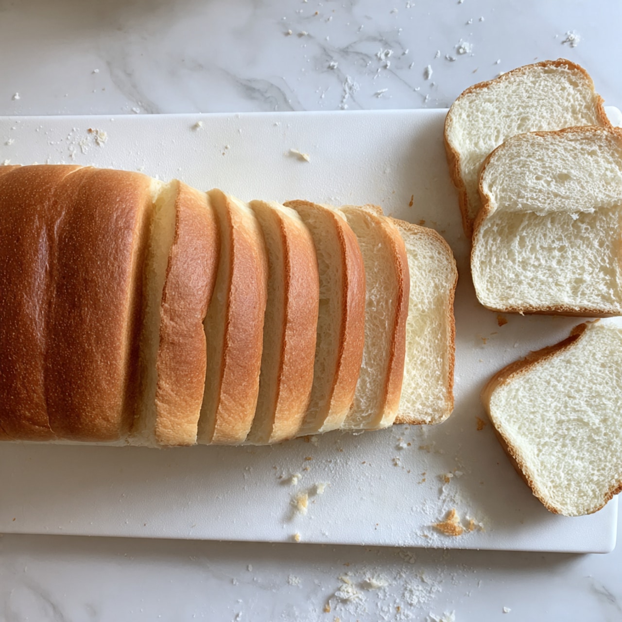 A white cutting board placed on a white marbled surface holds a loaf of bread sliced into seven thick pieces, all lined up horizontally. To the right of the sliced bread are several small torn pieces of the same bread scattered loosely. The bread’s crust is golden brown with a soft, light beige inside visible through the slices photo taken with an iphone --ar 4:5 --v 7