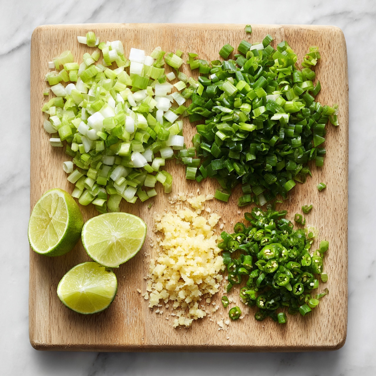 A light wooden cutting board is placed on a white marbled surface. On the board, there are two piles of chopped green onions at the top, the pile on the left is made of lighter green and white parts, while the pile on the right has darker green pieces. Below them, four lime halves are neatly placed in the bottom left corner, showing fresh green flesh. In the center bottom, a small pile of finely minced pale yellow garlic sits next to a small pile of chopped green chili on the bottom right. The overall setup gives a fresh and neatly organized look. photo taken with an iphone --ar 4:5 --v 7