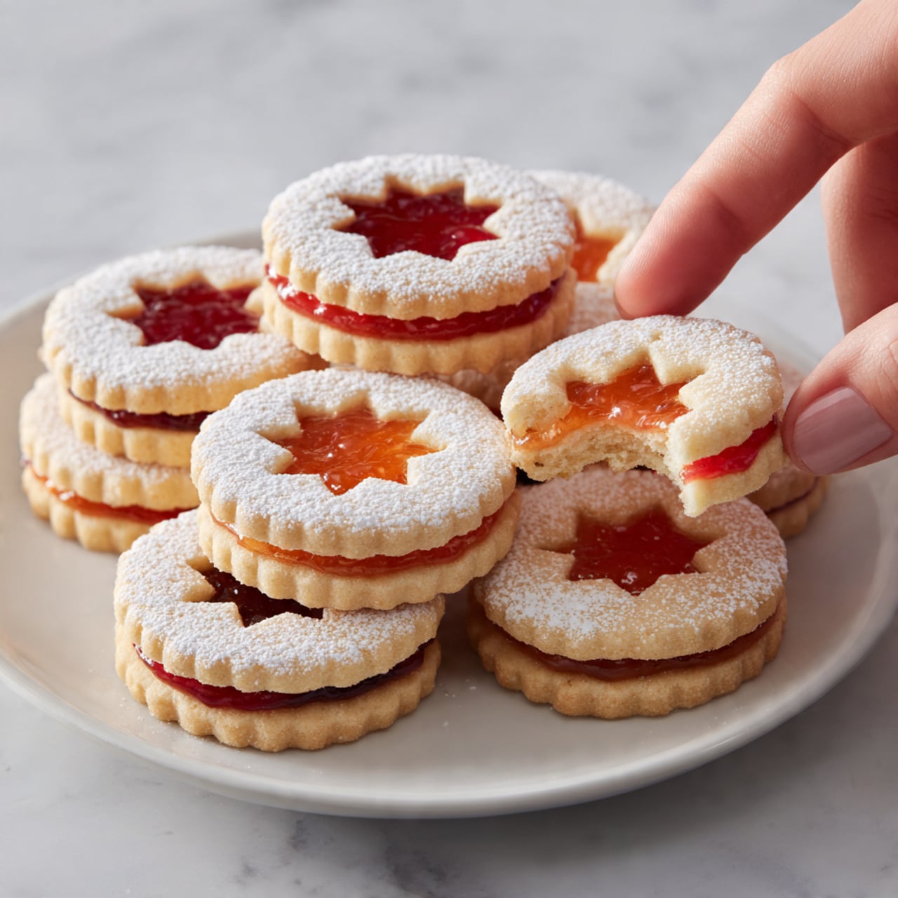 A white plate holds a pile of round cookies, each with two layers: a golden brown bottom and a top with a star-shaped cutout filled with either red or orange jam. The top is dusted with white powdered sugar, giving a soft snowy look. The cookies have scalloped edges and a slightly rough texture. A woman's hand is picking up one cookie which has a small bite taken out of it, showing the soft inside and jam layer. The surface under the plate has a white marbled texture. photo taken with an iphone --ar 4:5 --v 7
