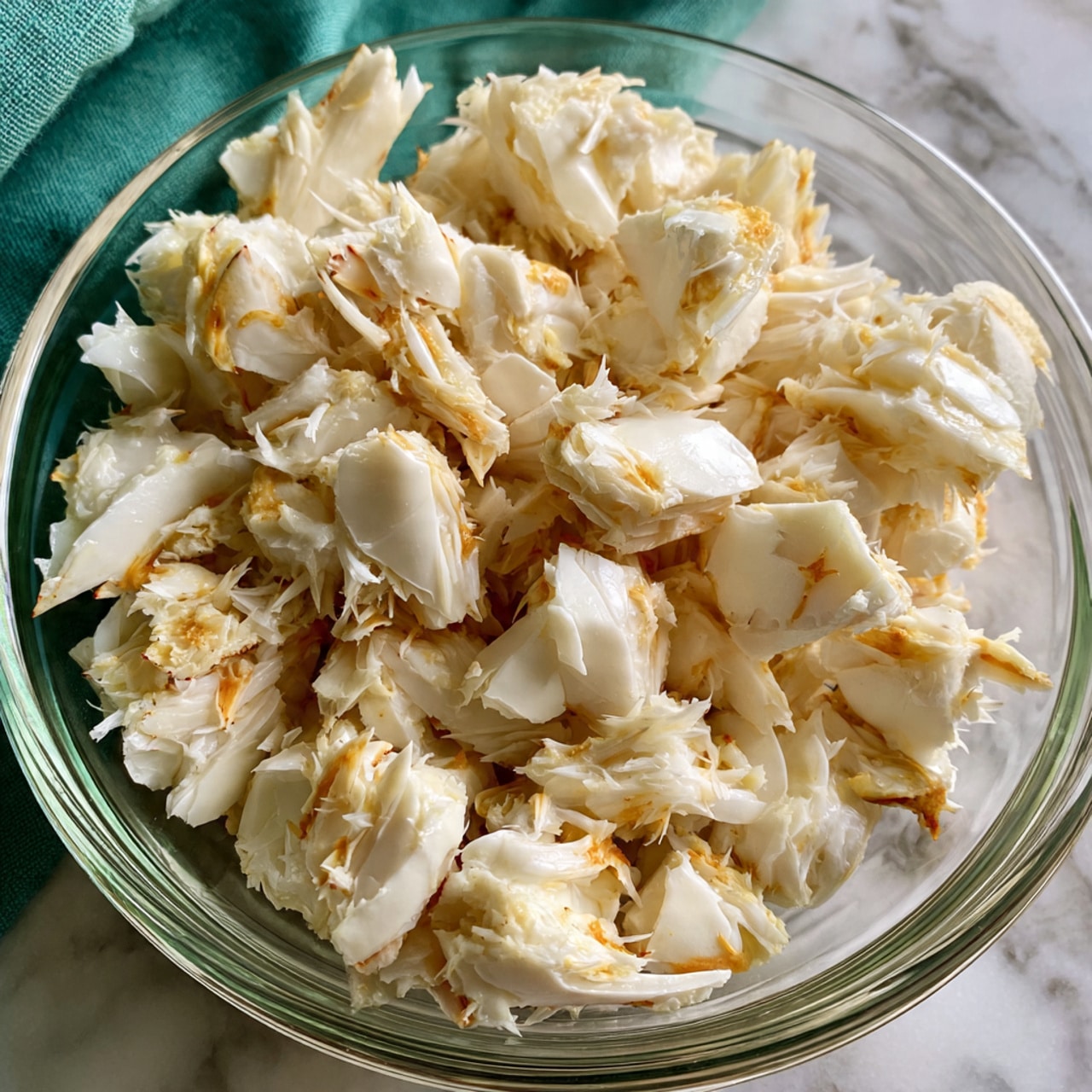 A clear glass bowl filled with many pieces of white crab meat with slight golden-brown edges, showing a soft and flaky texture. The bowl is placed on a white marbled surface with a green cloth partially visible in the top left corner. The crab meat pieces are layered unevenly, making the bowl look full and fresh photo taken with an iphone --ar 4:5 --v 7