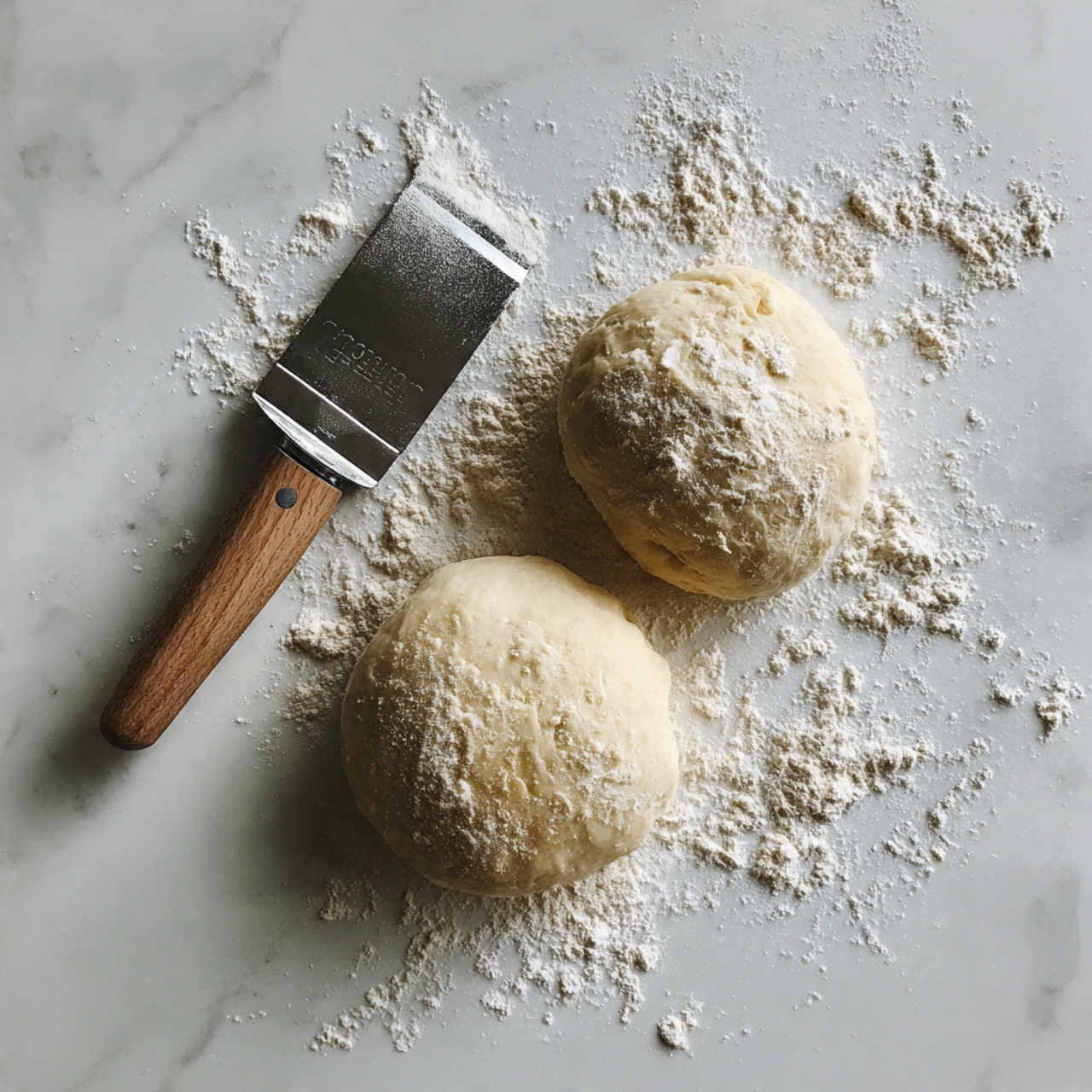 The image shows two round dough balls resting on a white marbled surface sprinkled with flour. The dough looks smooth and slightly puffy with a light beige color. On the top left, there is a metal dough scraper with a wooden handle lying flat on the surface. The scattered flour adds a soft texture to the scene. photo taken with an iphone --ar 4:5 --v 7
