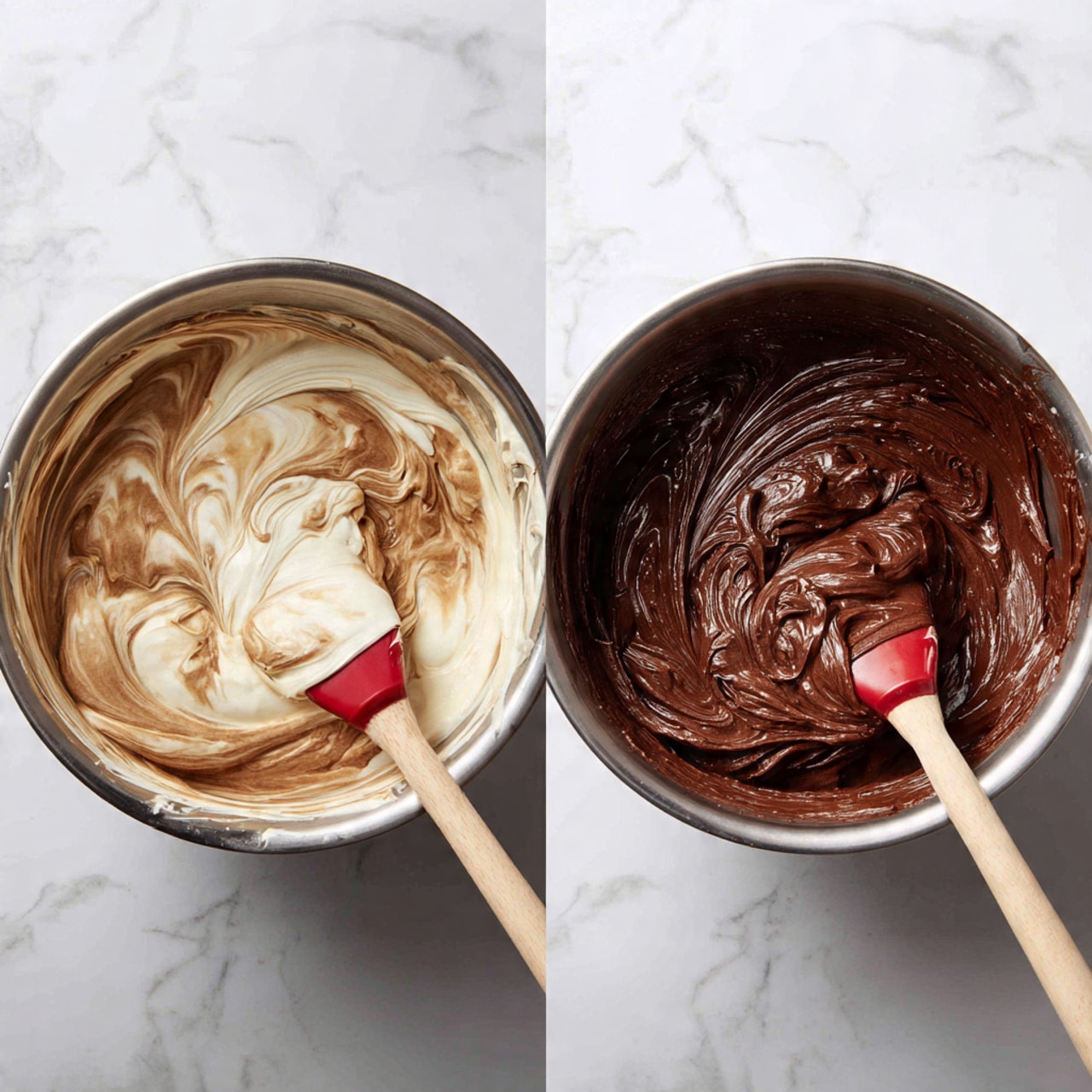 The image shows two stages of mixing chocolate batter in a silver bowl, placed side by side. On the left, the batter has two visible layers: a white creamy layer being swirled together with a light brown chocolate layer, creating a marbled effect with a soft, foamy texture. The batter is being stirred with a wooden spatula that has a red silicone edge. On the right, the batter is fully mixed into a smooth, thick dark brown chocolate layer with a rich, glossy texture, still being stirred by the same wooden spatula with the red edge. The background surface has a white marbled texture. Photo taken with an iphone --ar 4:5 --v 7