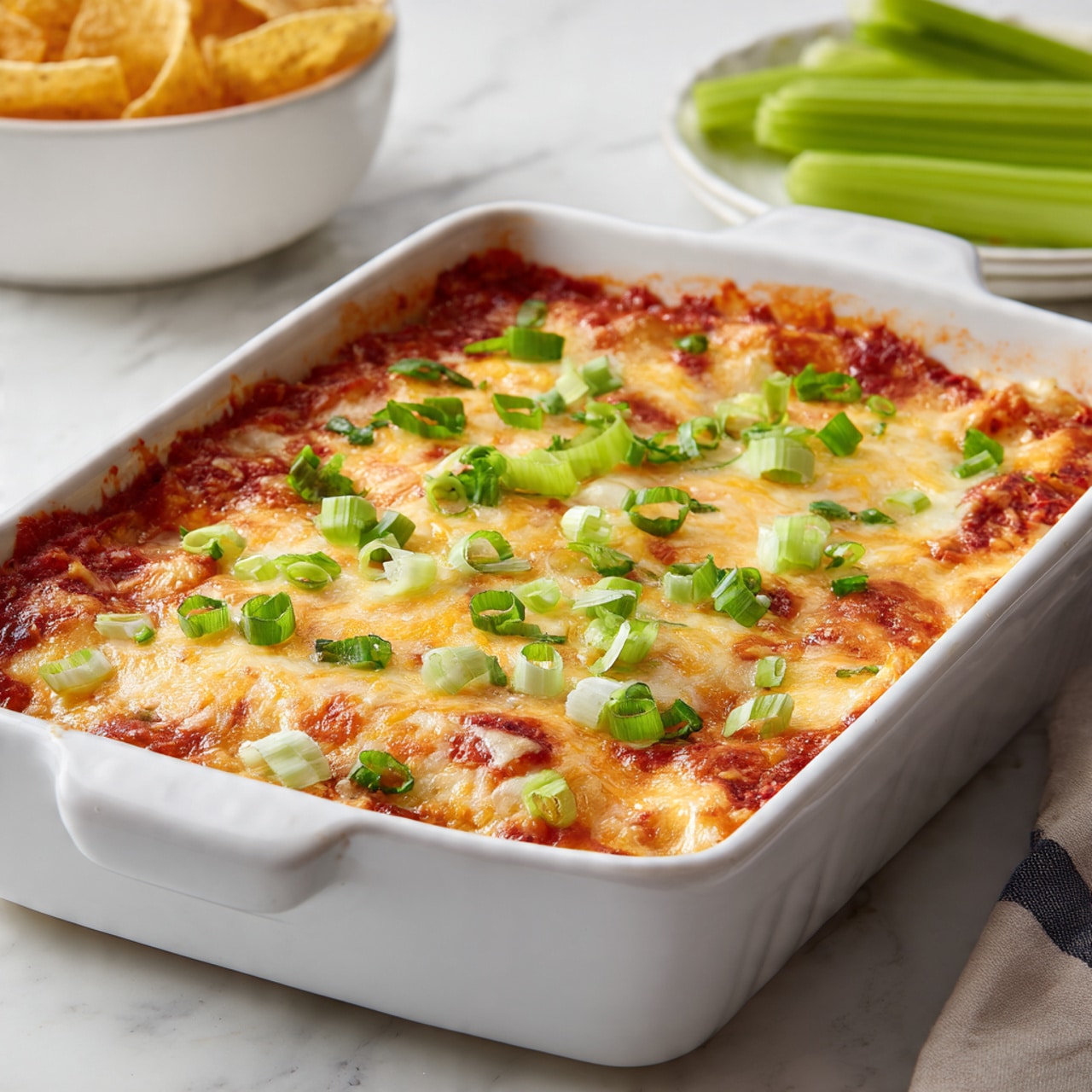 A white rectangular ceramic dish filled with a baked casserole topped with melted golden-brown cheese that has slightly crispy edges, scattered with fresh cut green onion slices on top. The casserole surface shows a mix of bubbly melted cheese and reddish-orange sauce underneath, suggesting layered cheese and tomato base. The dish is placed on a white marbled texture, with a plate of celery sticks and a white bowl with folded chips blurred in the background. Photo taken with an iphone --ar 4:5 --v 7