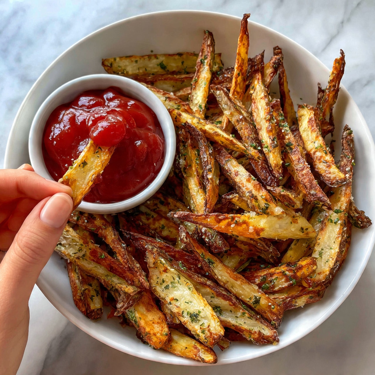 A white bowl is filled with a large pile of golden brown fries showing a mix of crispy and soft textures, with some darker edges and light green herbs sprinkled on top for a touch of color. In the middle of the bowl sits a smaller white cup filled with thick red ketchup, shiny and smooth. A woman's hand is dipping one fry into the ketchup, adding a sense of interaction. The bowl rests on a white marbled surface, creating a clean and bright setting. Photo taken with an iphone --ar 4:5 --v 7