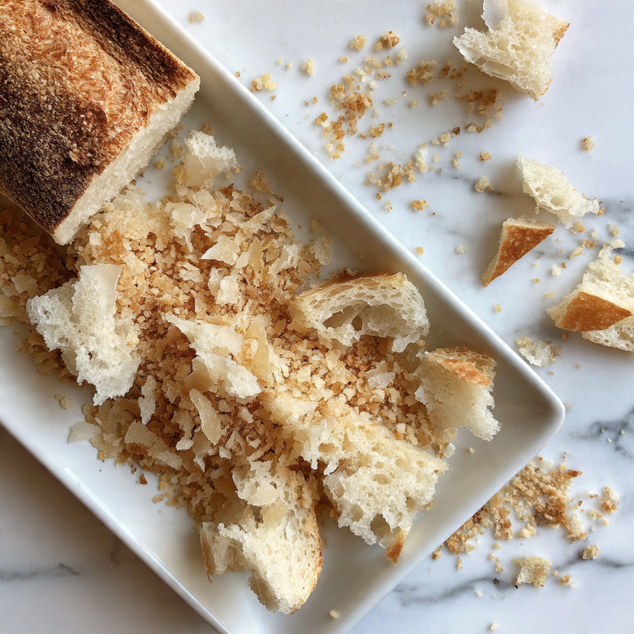A white rectangular tray holds a whole piece of light brown bread with a darker crust, resting on the left side. Around it, scattered irregular pieces of torn bread show a soft, fluffy inside with a pale cream color. The tray is placed on a white marbled surface, enhancing the rustic look of the bread crumbs. photo taken with an iphone --ar 4:5 --v 7
