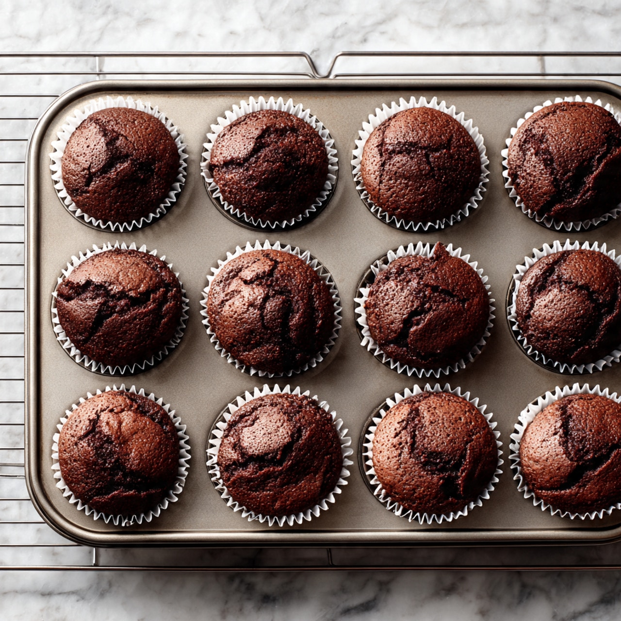 A metal baking tray holds twelve round chocolate cupcakes, each sitting in white paper liners. The cupcakes have a deep brown color with slightly cracked tops, showing a soft and moist texture. The tray rests on a metal cooling rack, all placed on a white marbled surface. The cupcakes fill every slot in the tray with a uniform size and shape, creating a neat, symmetrical arrangement. Photo taken with an iphone --ar 4:5 --v 7