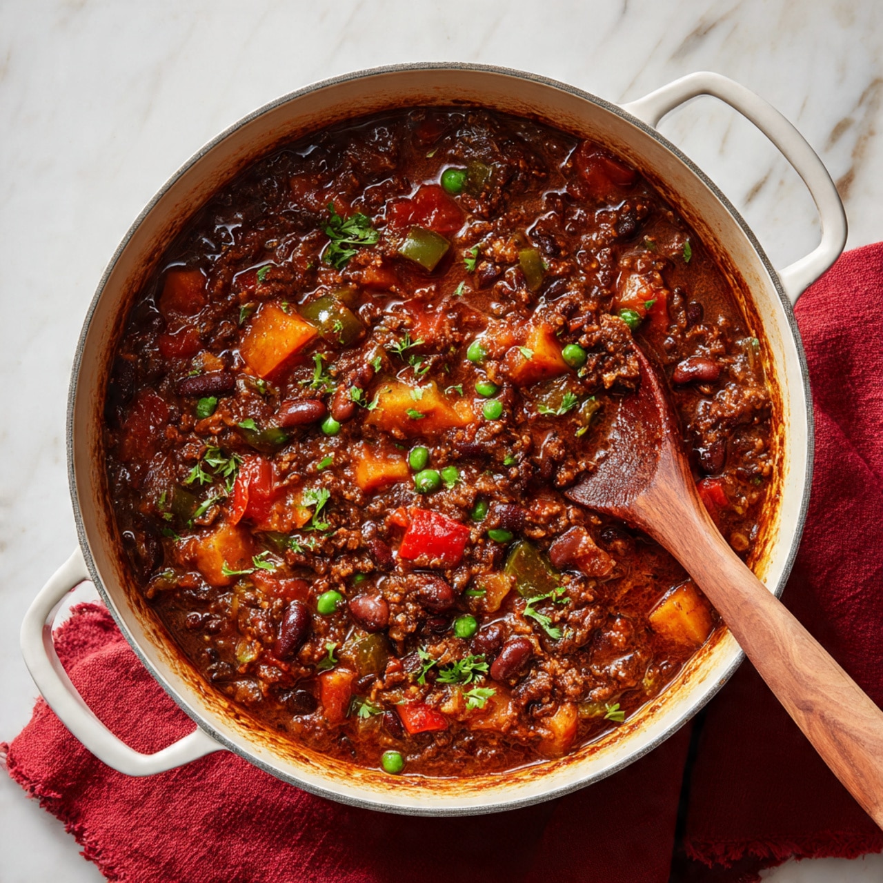 A deep orange bowl with a scalloped edge holds a thick stew made of dark brown beans, orange sweet potato chunks, small red tomato pieces, and green herbs scattered inside. Two slices of fresh light green avocado are placed on top of the stew. A woman's hand grips a spoon on the right edge of the bowl, dipping into the stew. The bowl is set on a white marbled surface, with a dark red cloth in the upper left corner, a white plate with sliced light brown bread in the upper right corner, and a small white bowl with green herbs in the lower right corner. photo taken with an iphone --ar 4:5 --v 7