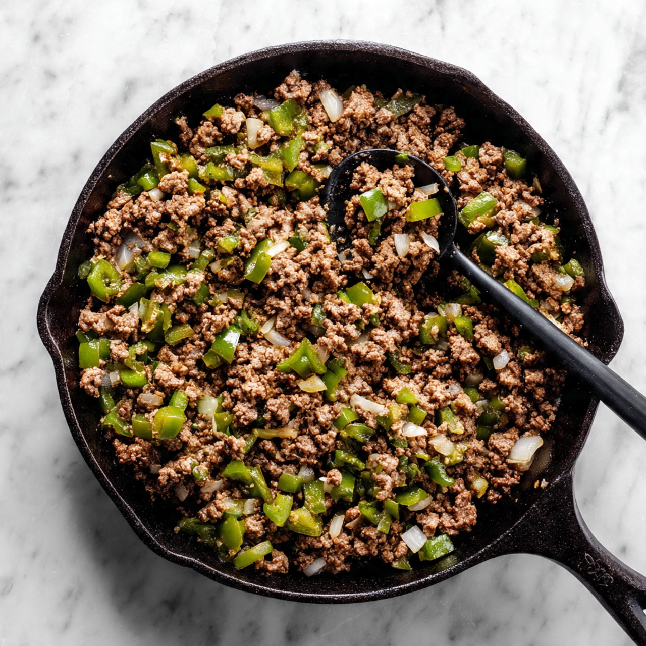 A cast iron pan filled with cooked ground meat mixed with chopped green bell peppers and small pieces of white onion. The meat is brown and crumbly, evenly spread with the vegetables scattered throughout. A black spoon is scooping some of the mixture from the right side of the pan. The pan is set on a white marbled surface. photo taken with an iphone --ar 4:5 --v 7